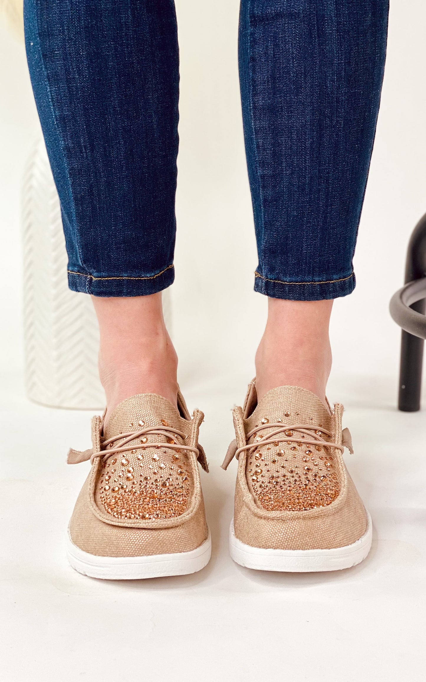 Maco Water Drop Rose Gold Rhinestone Flats with cushioned footbed and heat-pressed rhinestones