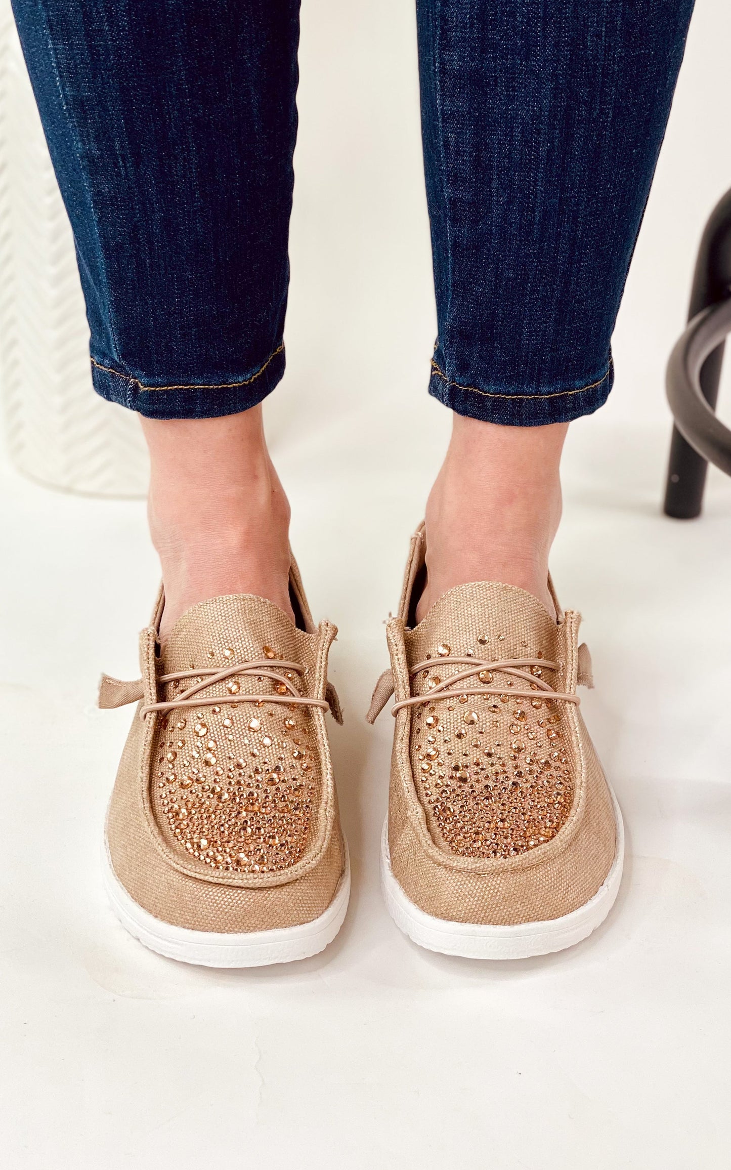 Maco Water Drop Rose Gold Rhinestone Flats with cushioned footbed and heat-pressed rhinestones