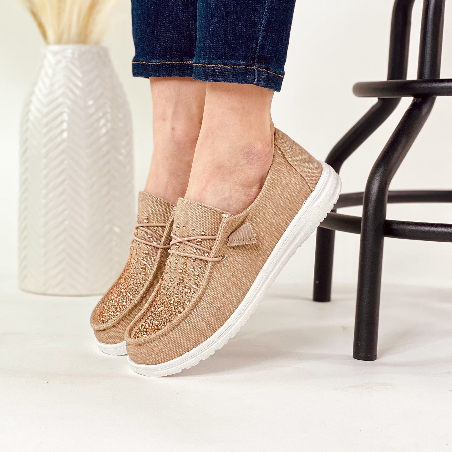 Maco Water Drop Rose Gold Rhinestone Flats with cushioned footbed and heat-pressed rhinestones