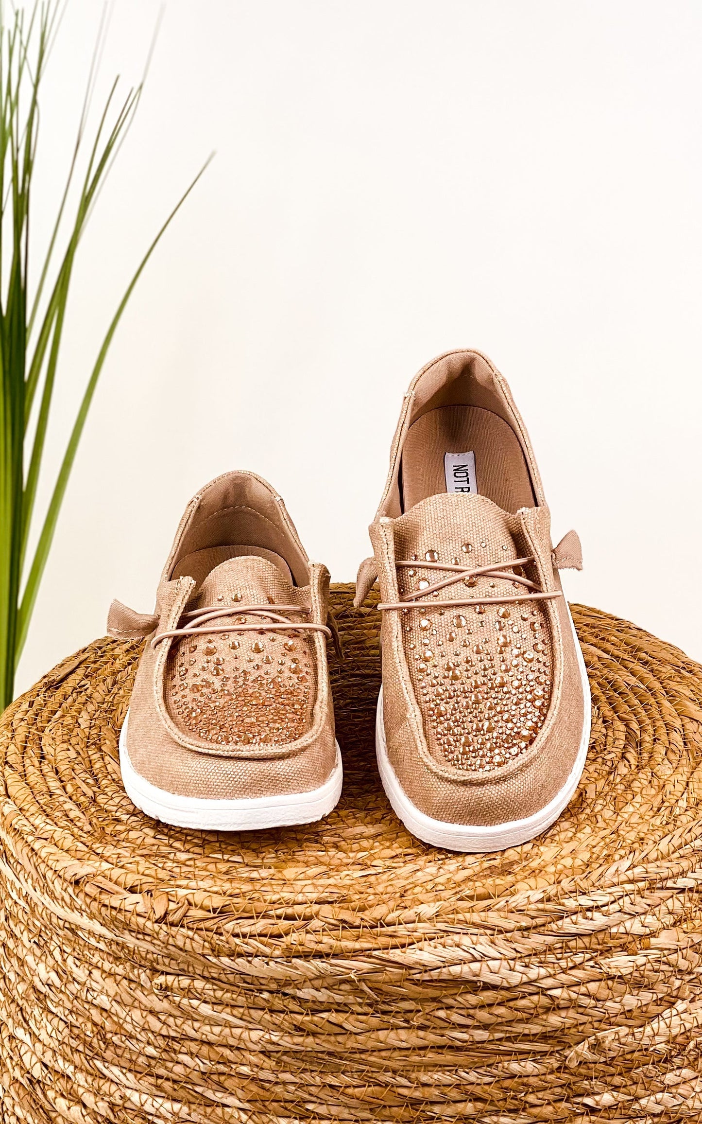Maco Water Drop Rose Gold Rhinestone Flats with cushioned footbed and heat-pressed rhinestones