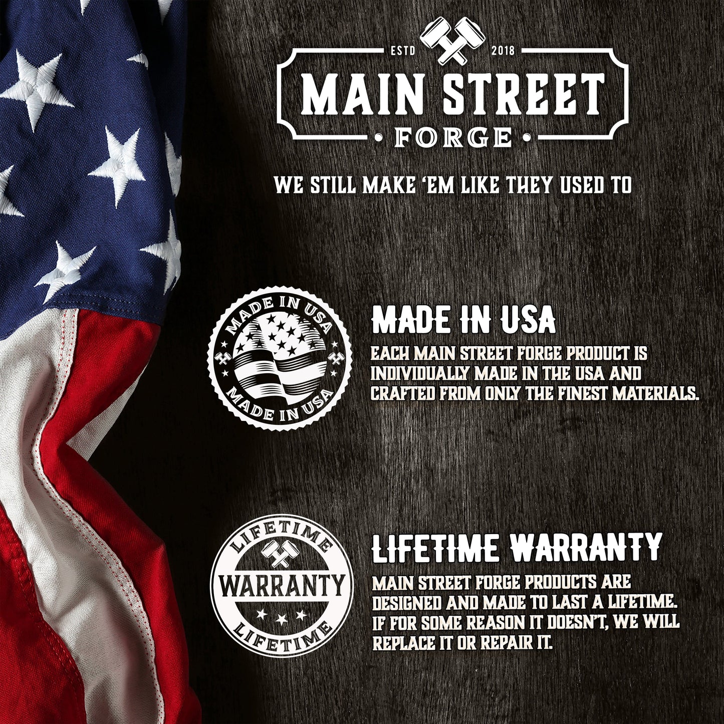 Advertisement for Main Street Forge with American flag and product features on a wooden background