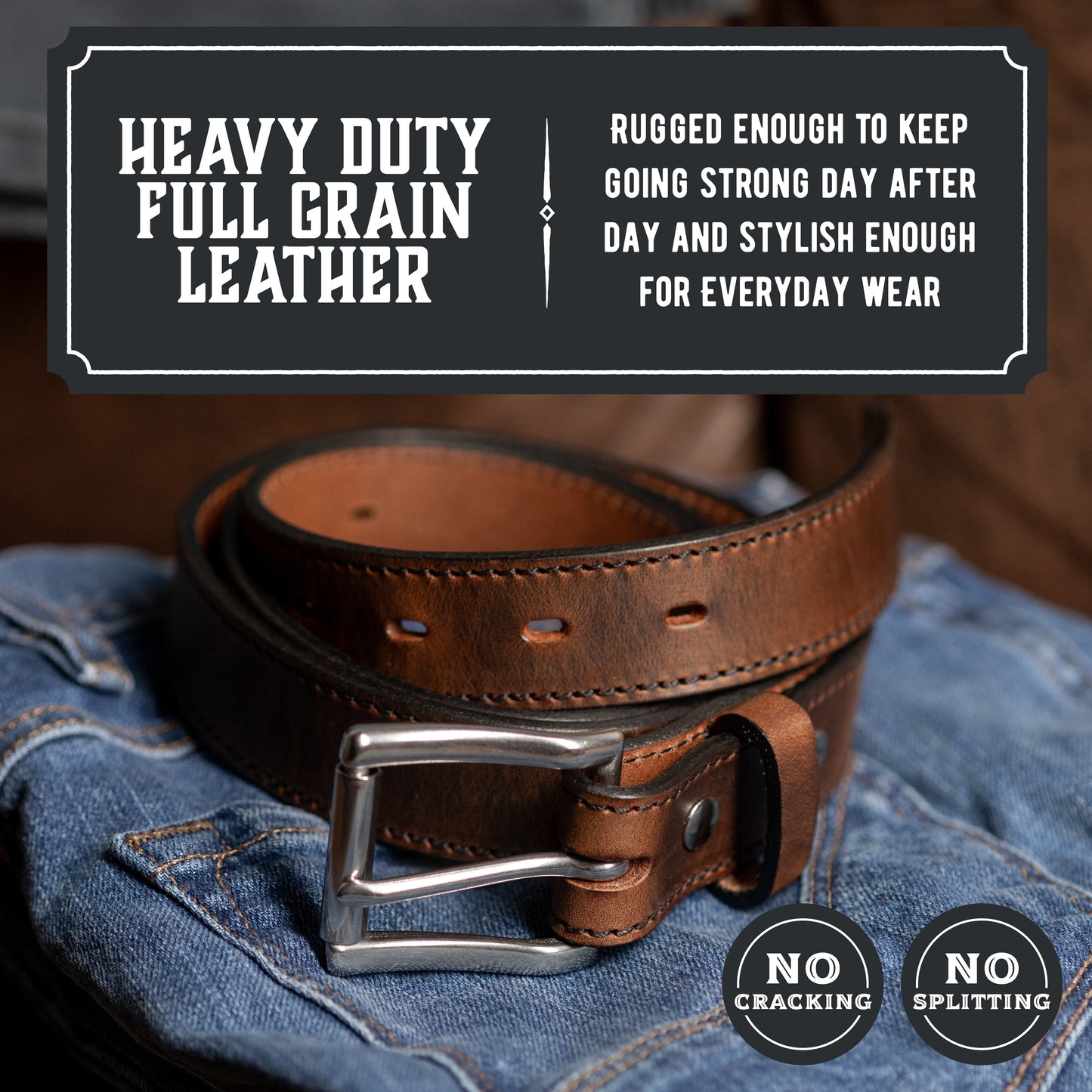 Icon leather slim belt, 1.25-inch full-grain leather strap with silver buckle, handmade in USA by Main Street Forge