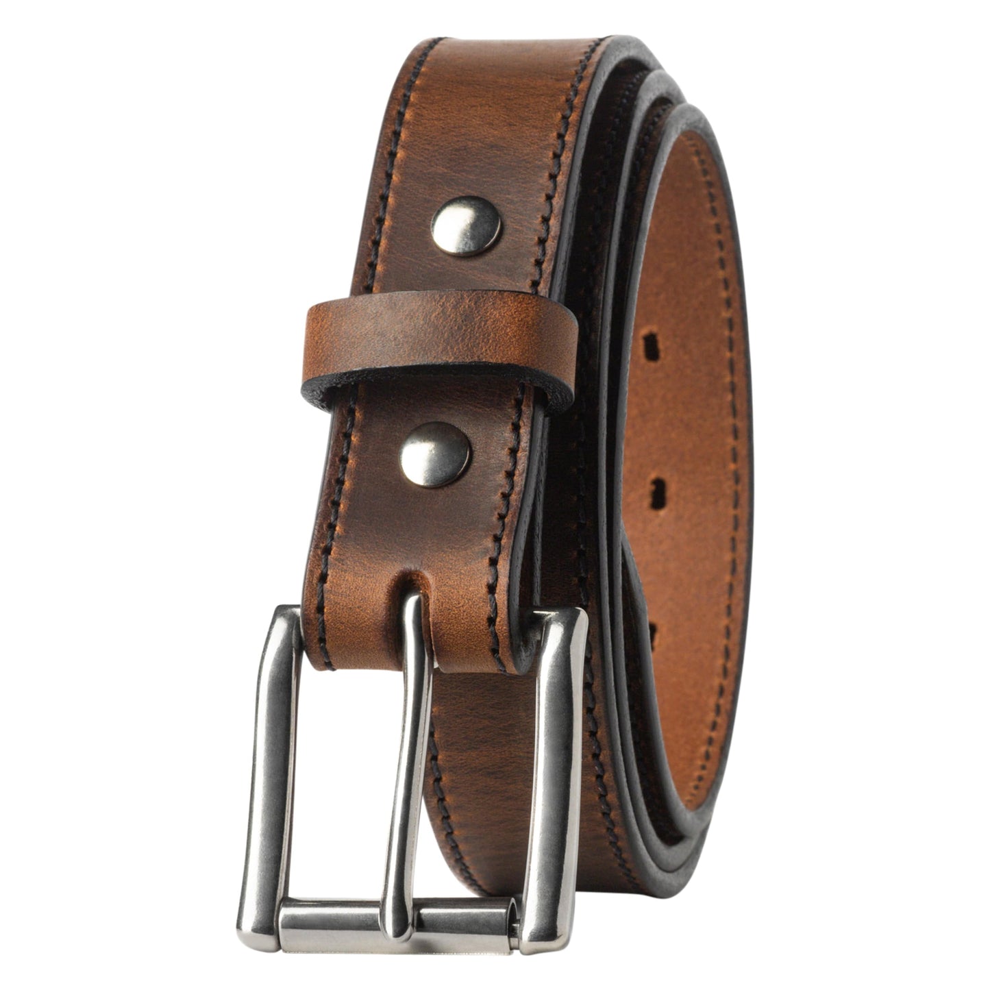 Icon leather slim belt, 1.25-inch full-grain leather strap with silver buckle, handmade in USA by Main Street Forge