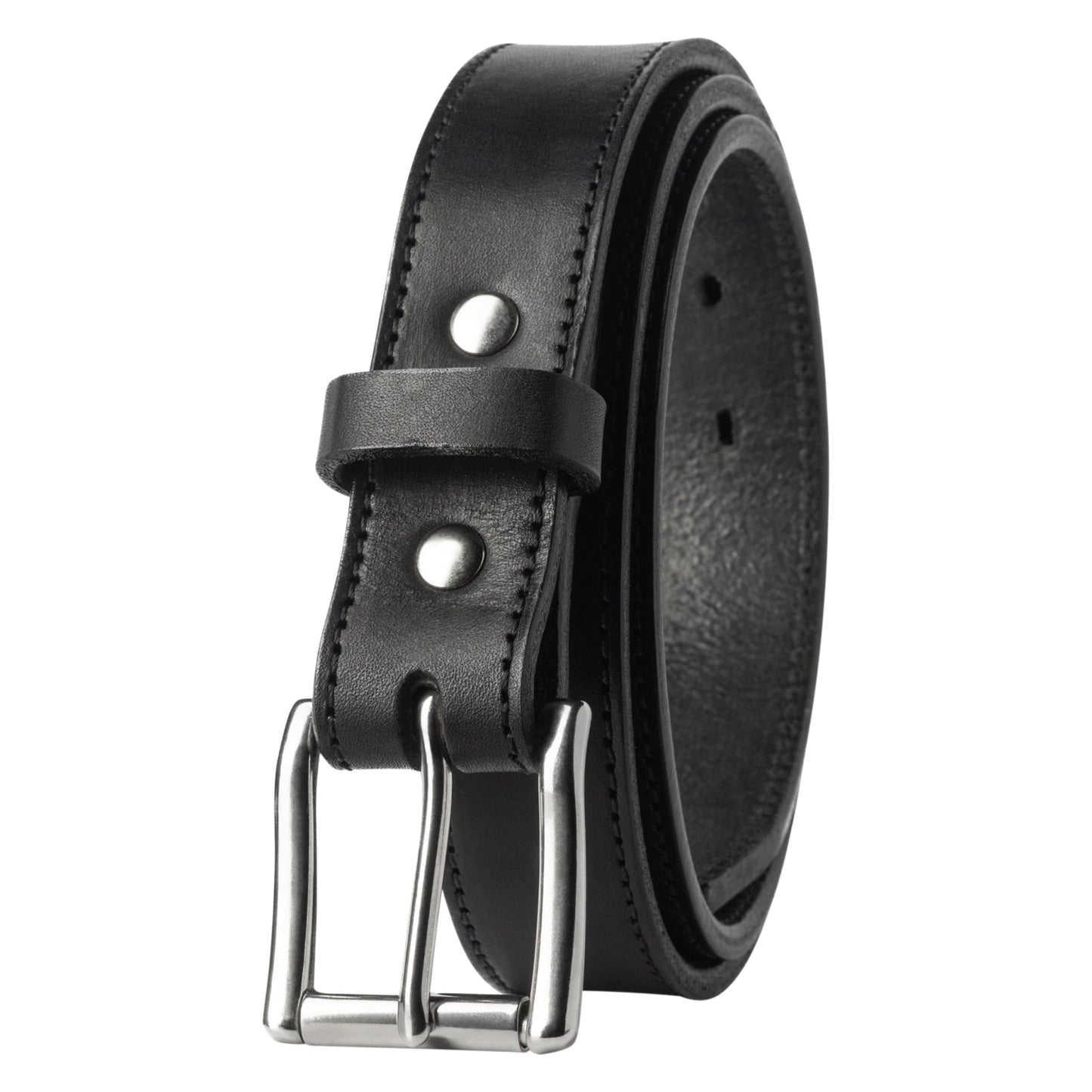 Icon leather slim belt, 1.25-inch full-grain leather strap with silver buckle, handmade in USA by Main Street Forge