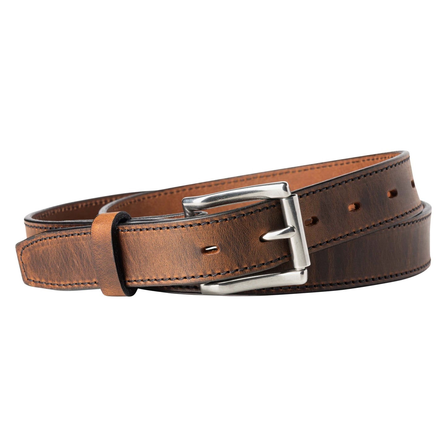 Icon leather slim belt, 1.25-inch full-grain leather strap with silver buckle, handmade in USA by Main Street Forge