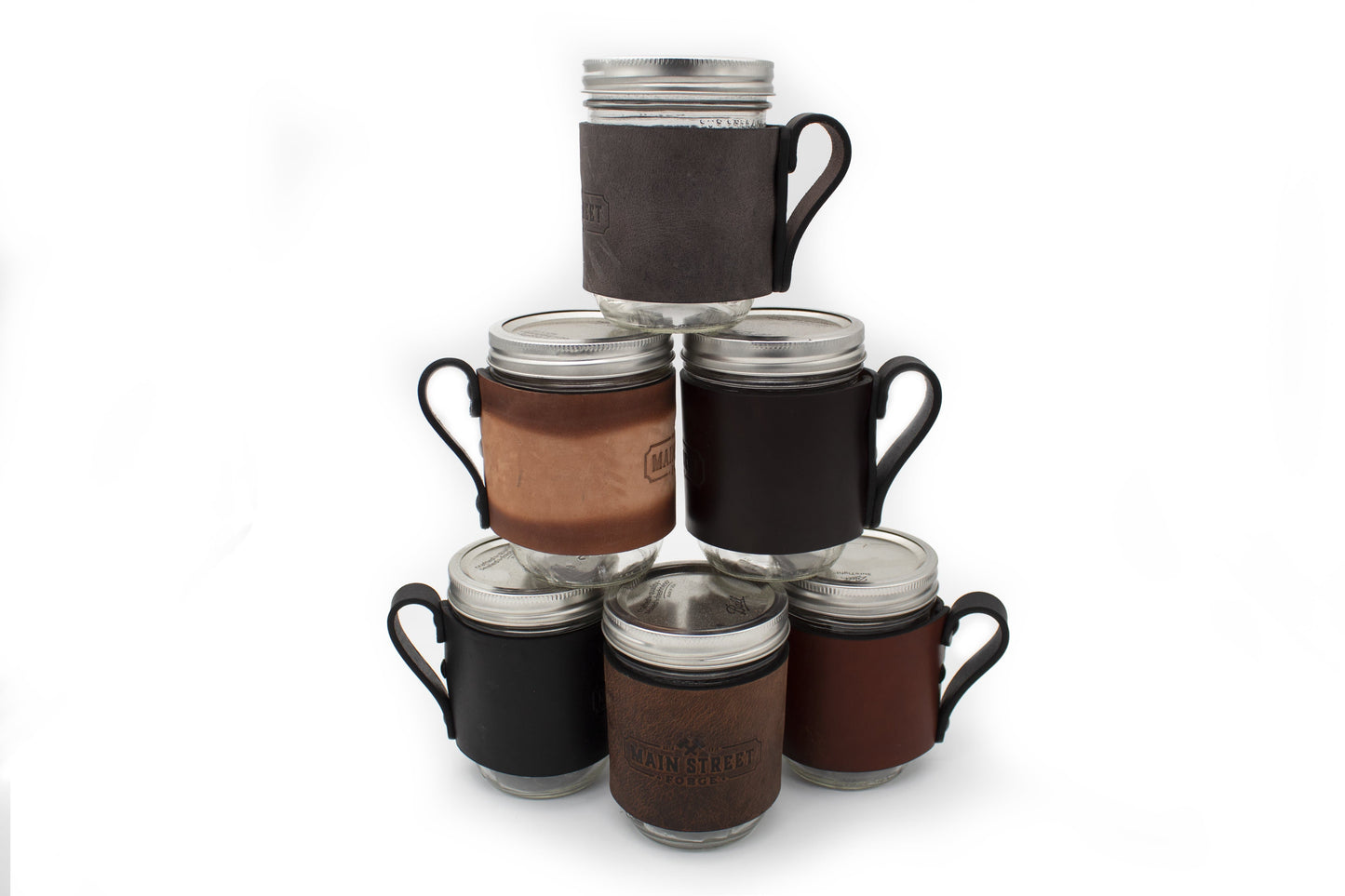 Leather mason jar sleeve with handle in brown, gray, and black full-grain leather, handmade in USA by Main Street Forge