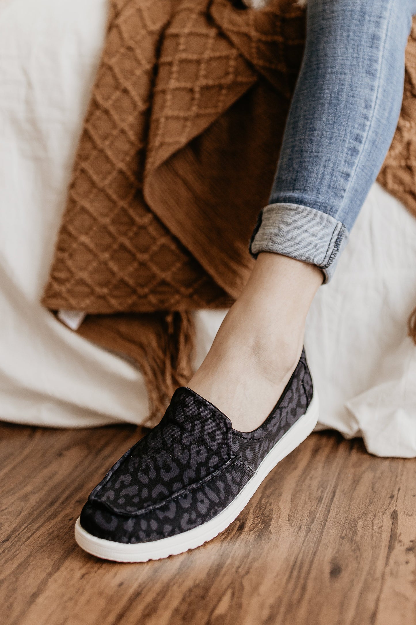 Maya Sneakers in Black Leopard with moc-style toe and memory foam footbed