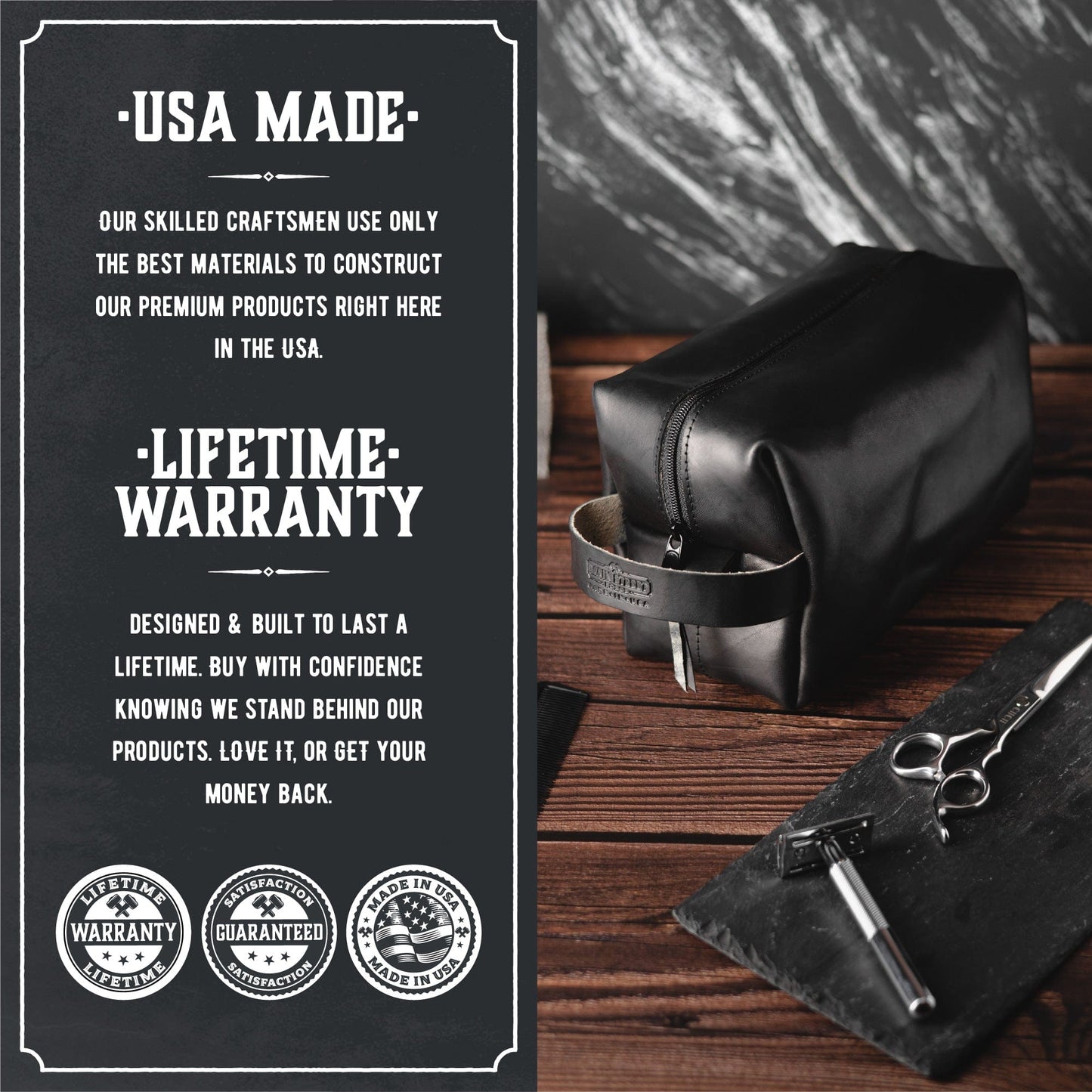 Leather toiletry bag dopp kit in full-grain leather, handmade in USA by Main Street Forge