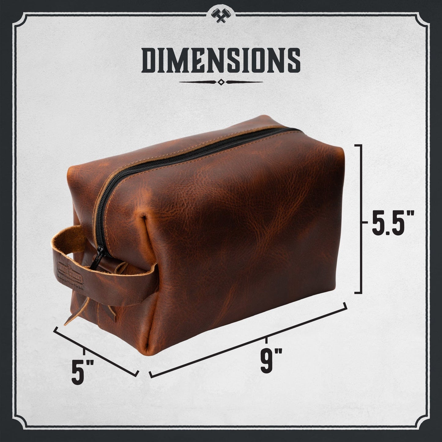 Leather toiletry bag dopp kit in full-grain leather, handmade in USA by Main Street Forge
