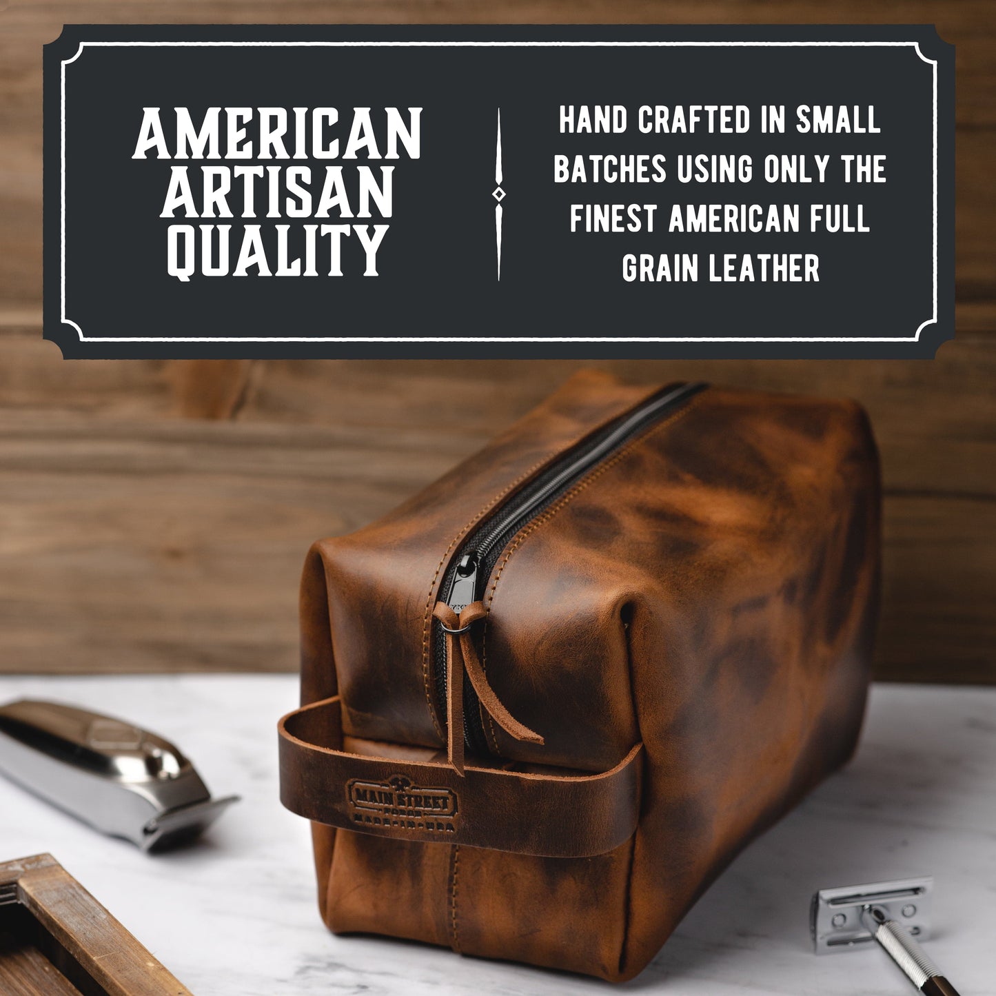 Leather toiletry bag dopp kit in full-grain leather, handmade in USA by Main Street Forge