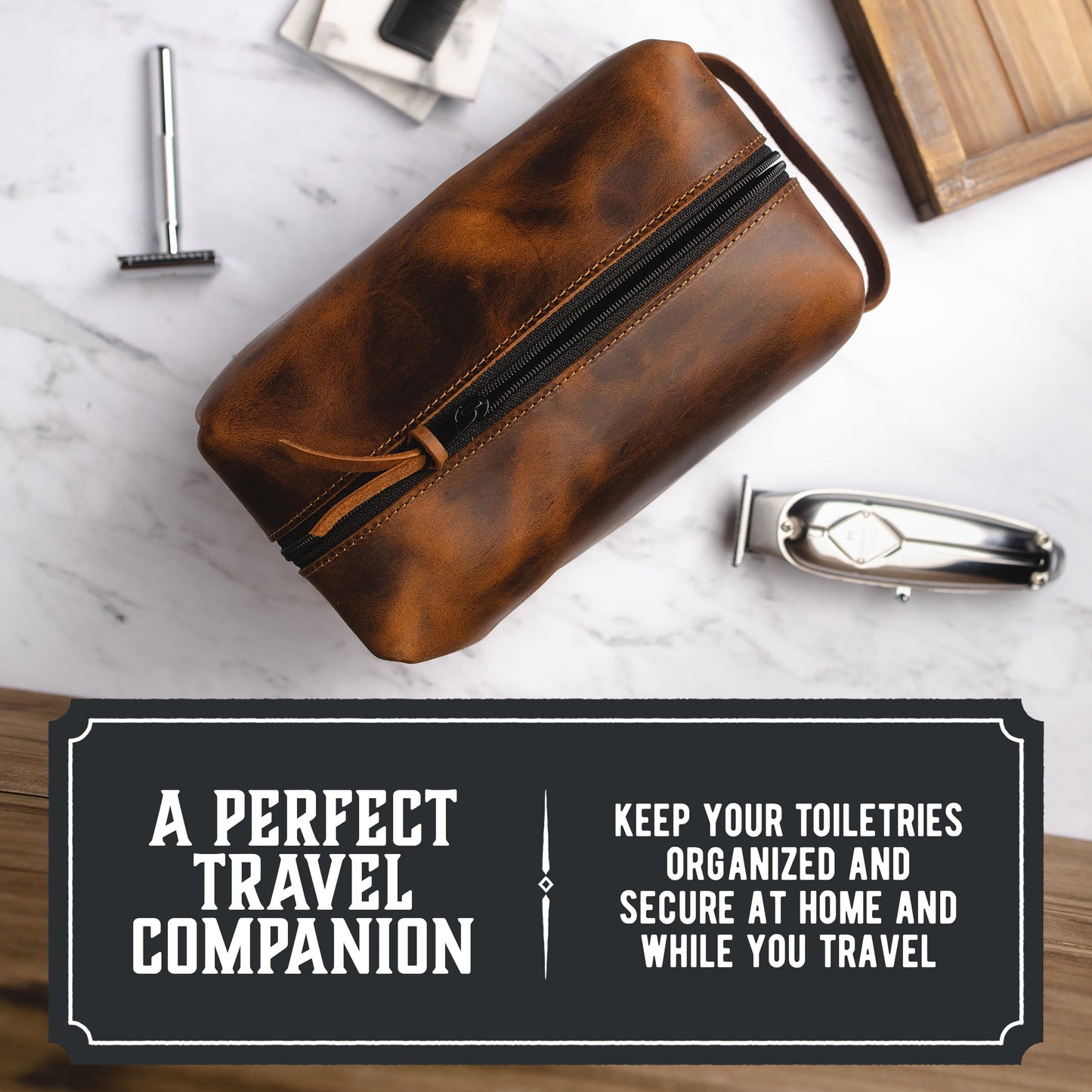 Leather toiletry bag dopp kit in full-grain leather, handmade in USA by Main Street Forge