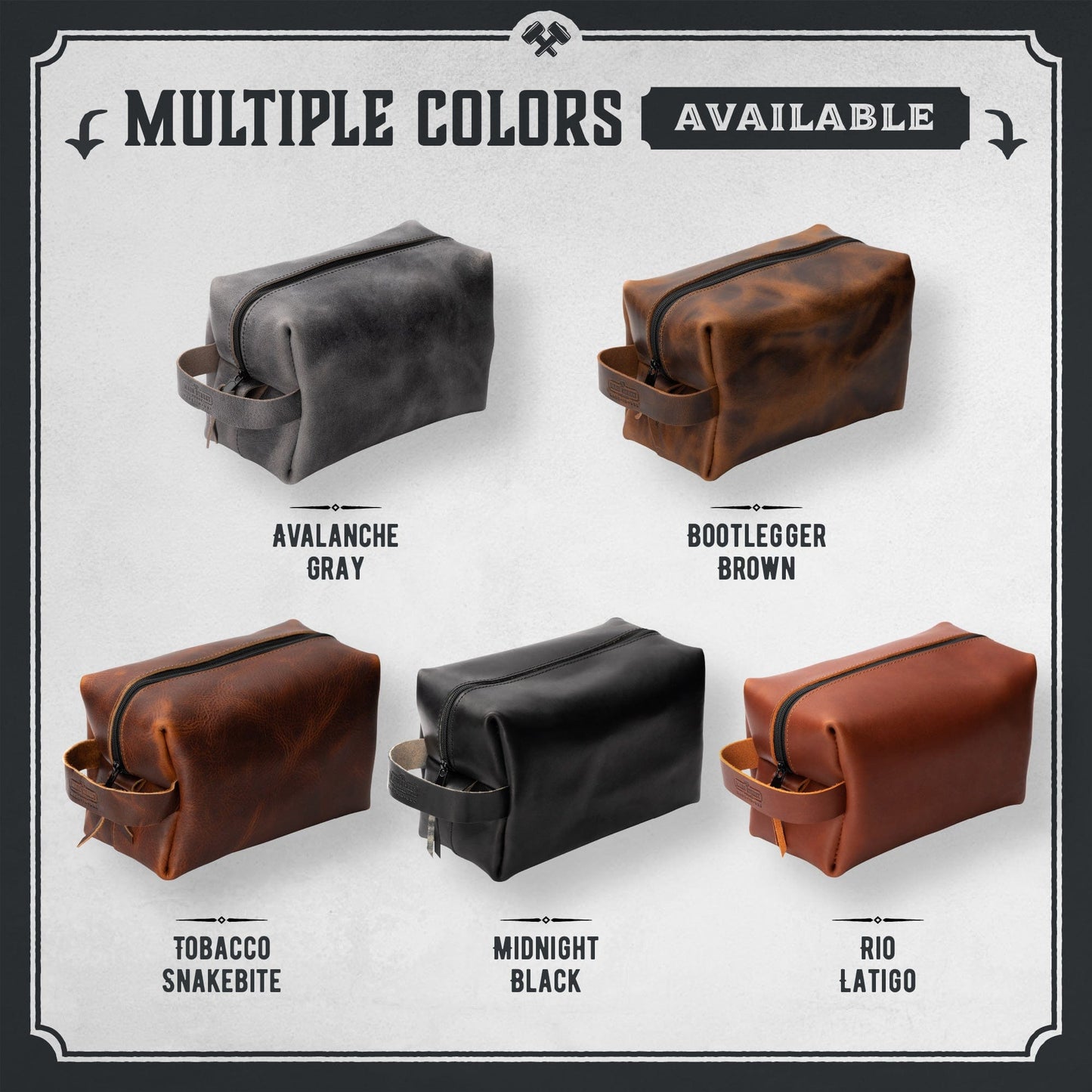 Leather toiletry bag dopp kit in full-grain leather, handmade in USA by Main Street Forge