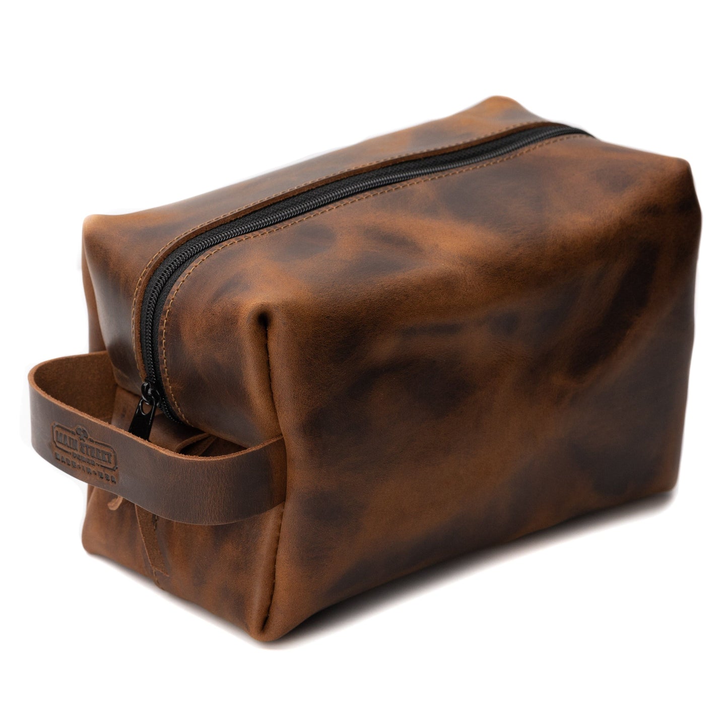 Leather toiletry bag dopp kit in full-grain leather, handmade in USA by Main Street Forge
