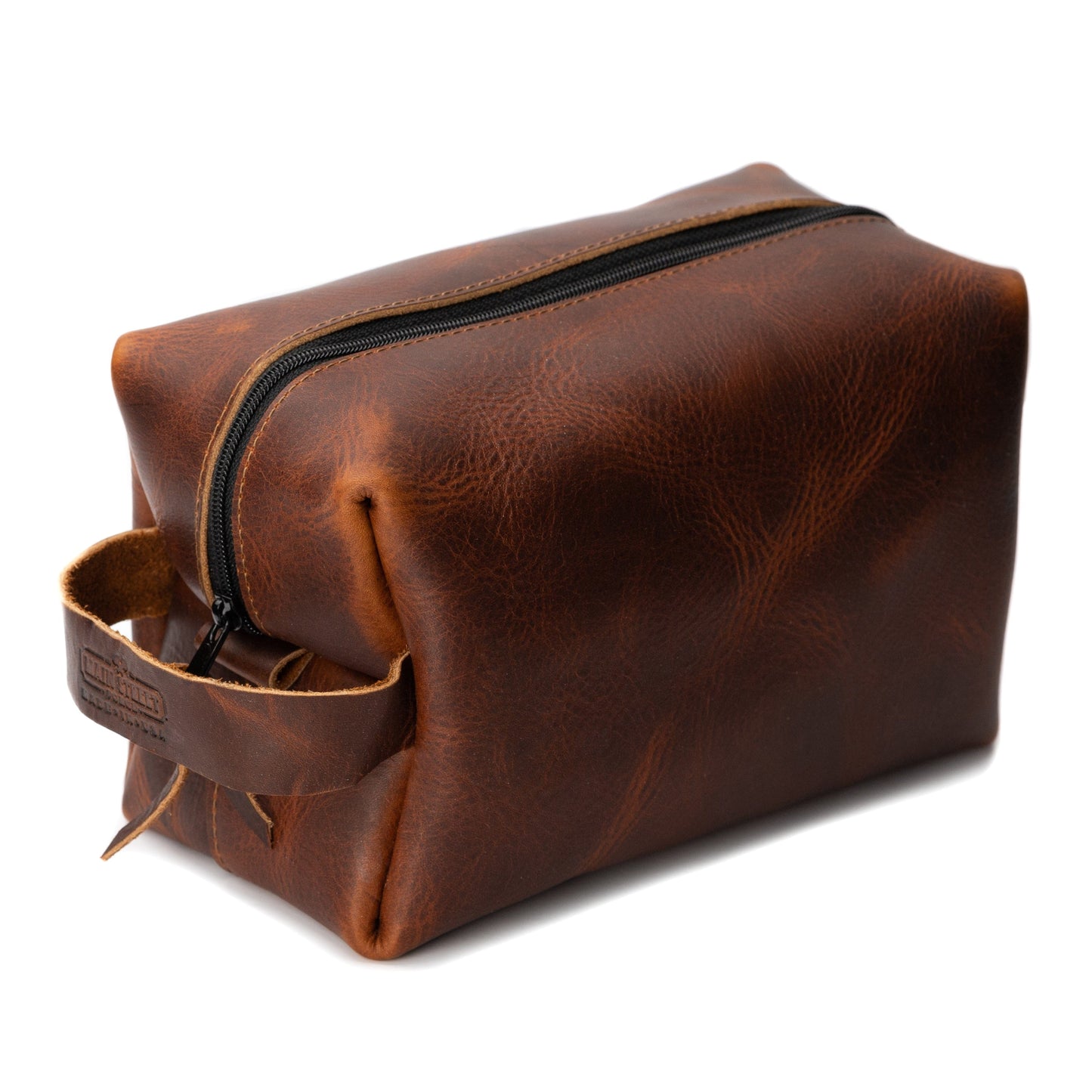 Leather toiletry bag dopp kit in full-grain leather, handmade in USA by Main Street Forge