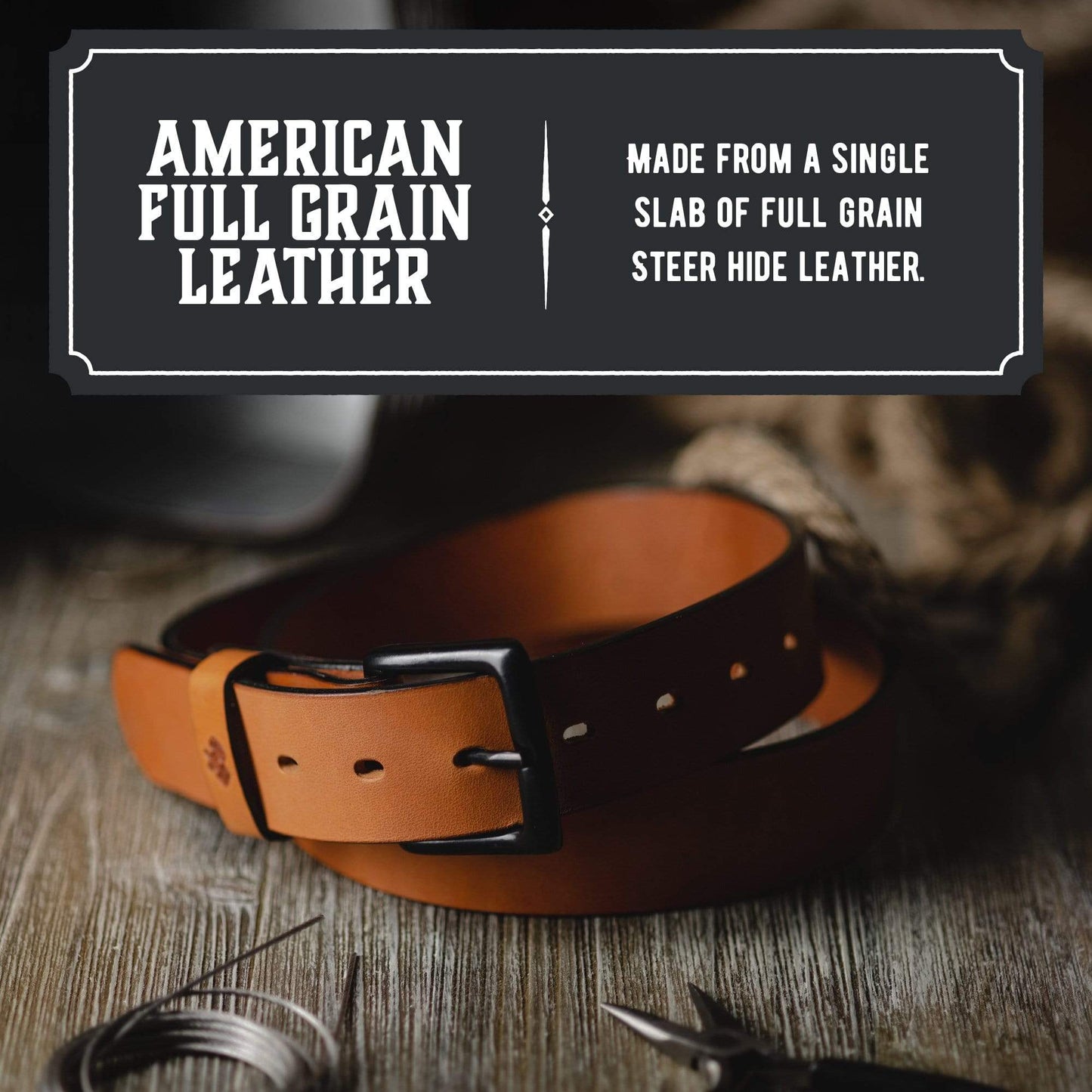 All American leather work belt in brown full-grain American steerhide, handmade in USA by Main Street Forge