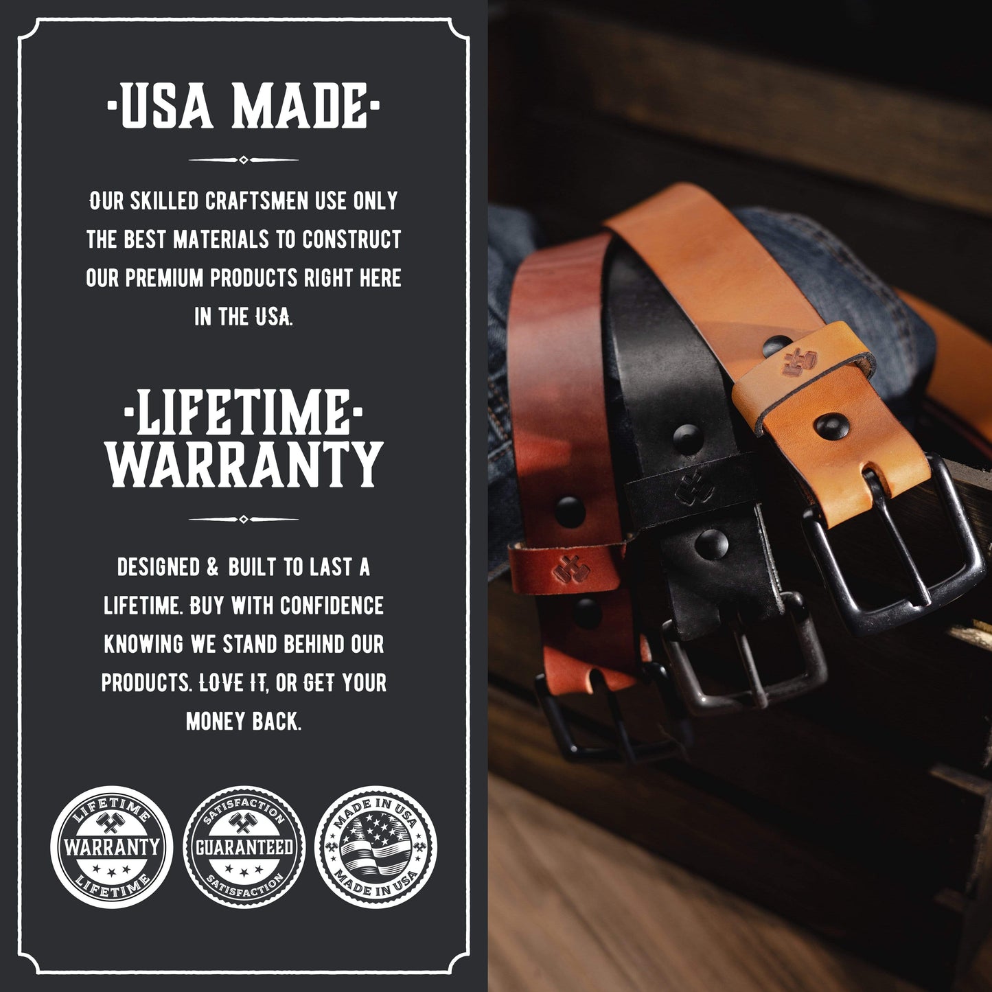 All American leather work belt in full-grain American steerhide, handmade in USA by Main Street Forge