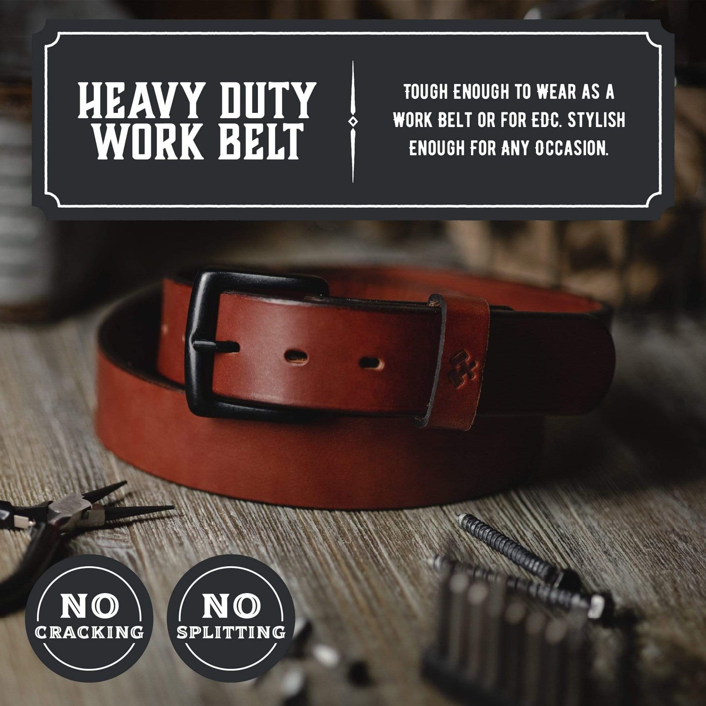 All American leather work belt in brown full-grain American steerhide, handmade in USA by Main Street Forge