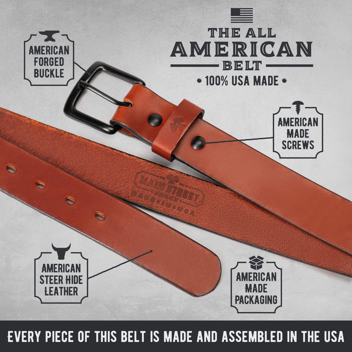 All American leather work belt in brown full-grain American steerhide, handmade in USA by Main Street Forge