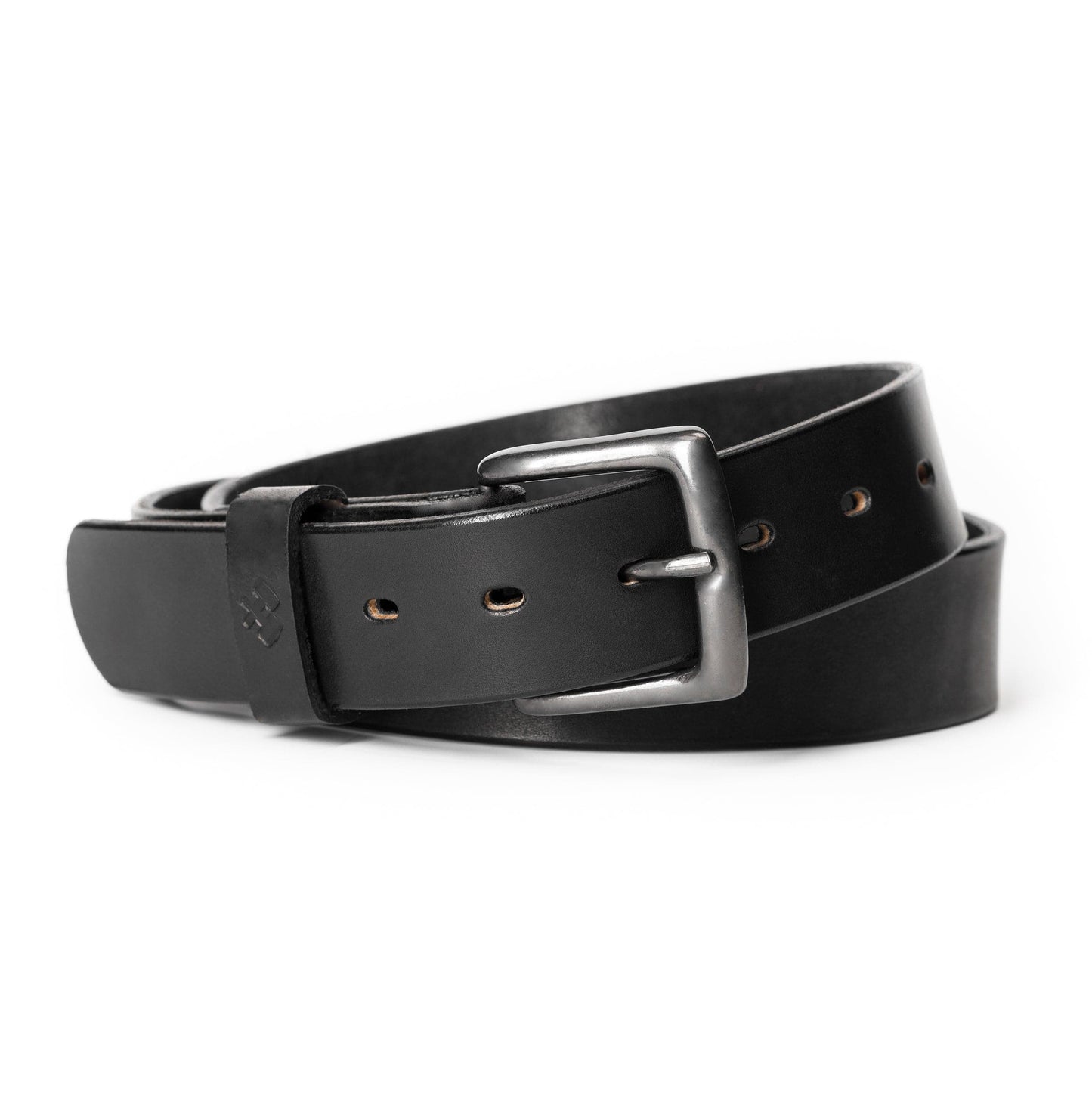 Black leather belt with silver buckle on a white background