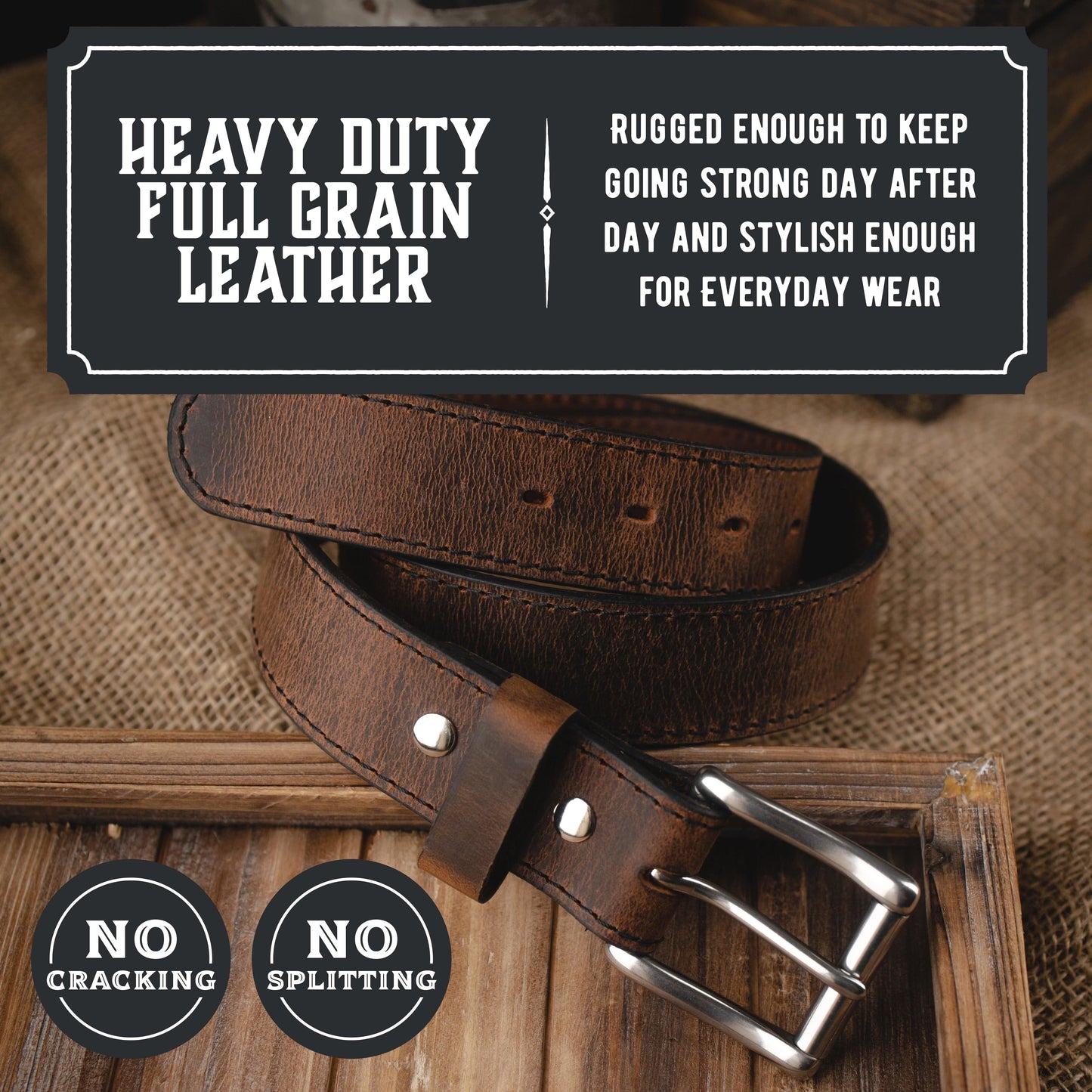 Baron distressed leather vintage belt, 1.5-inch full-grain strap with silver buckle, handmade in USA by Main Street Forge
