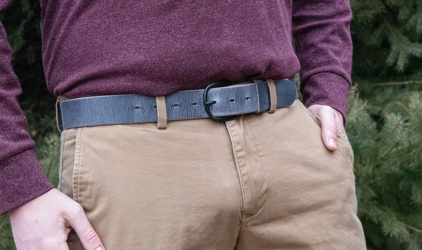 Bootlegger distressed leather belt in rustic full-grain leather, handmade in USA by Main Street Forge