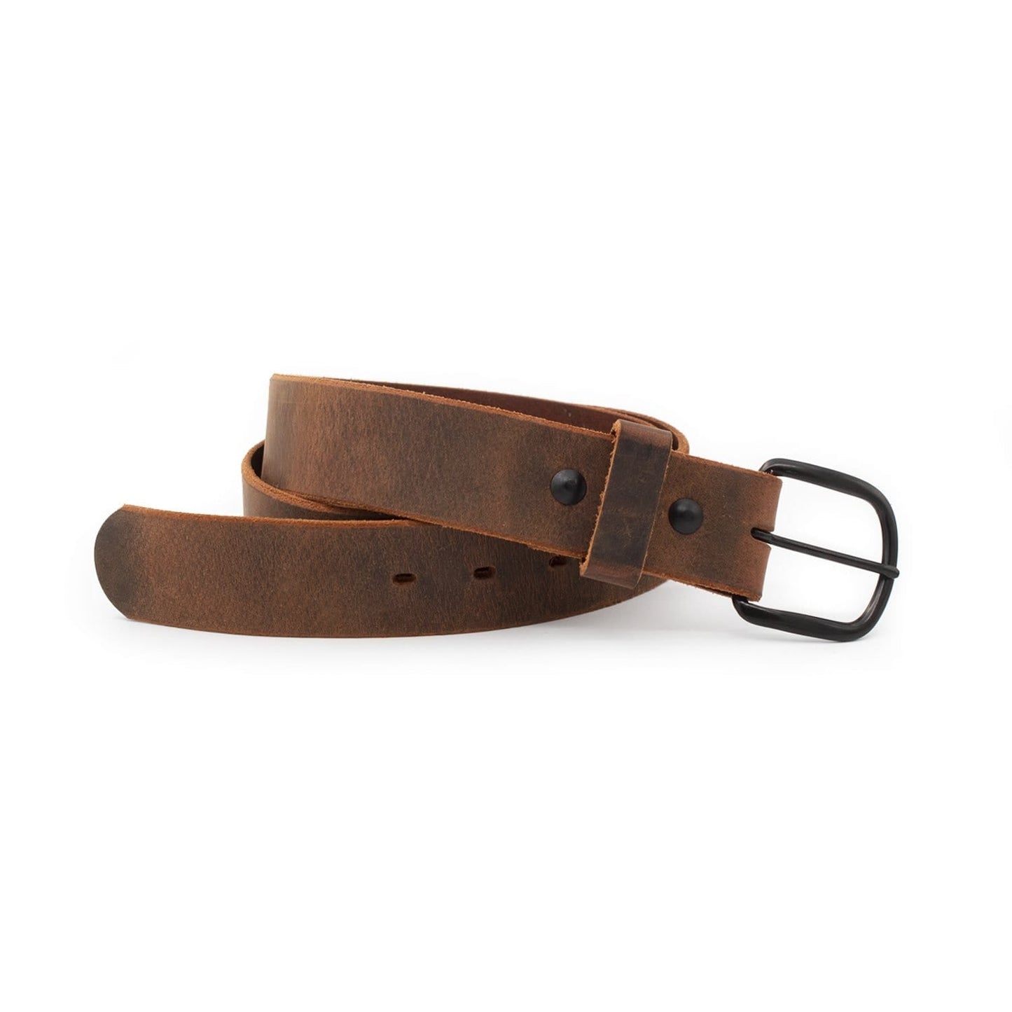 Bootlegger distressed leather belt in rustic brown full-grain leather, handmade in USA by Main Street Forge