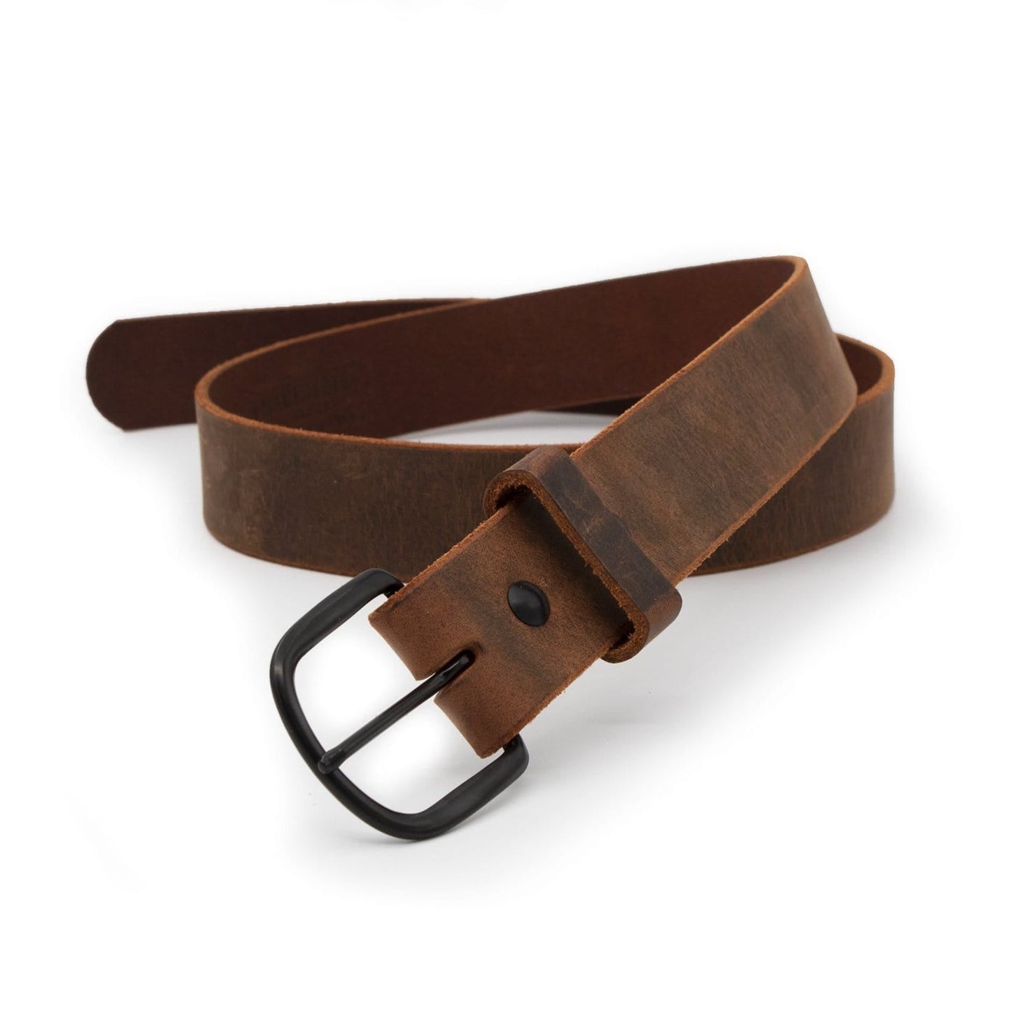 Bootlegger distressed leather belt in rustic brown full-grain leather, handmade in USA by Main Street Forge