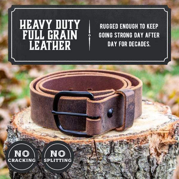 Bootlegger distressed leather belt in rustic brown full-grain leather, handmade in USA by Main Street Forge