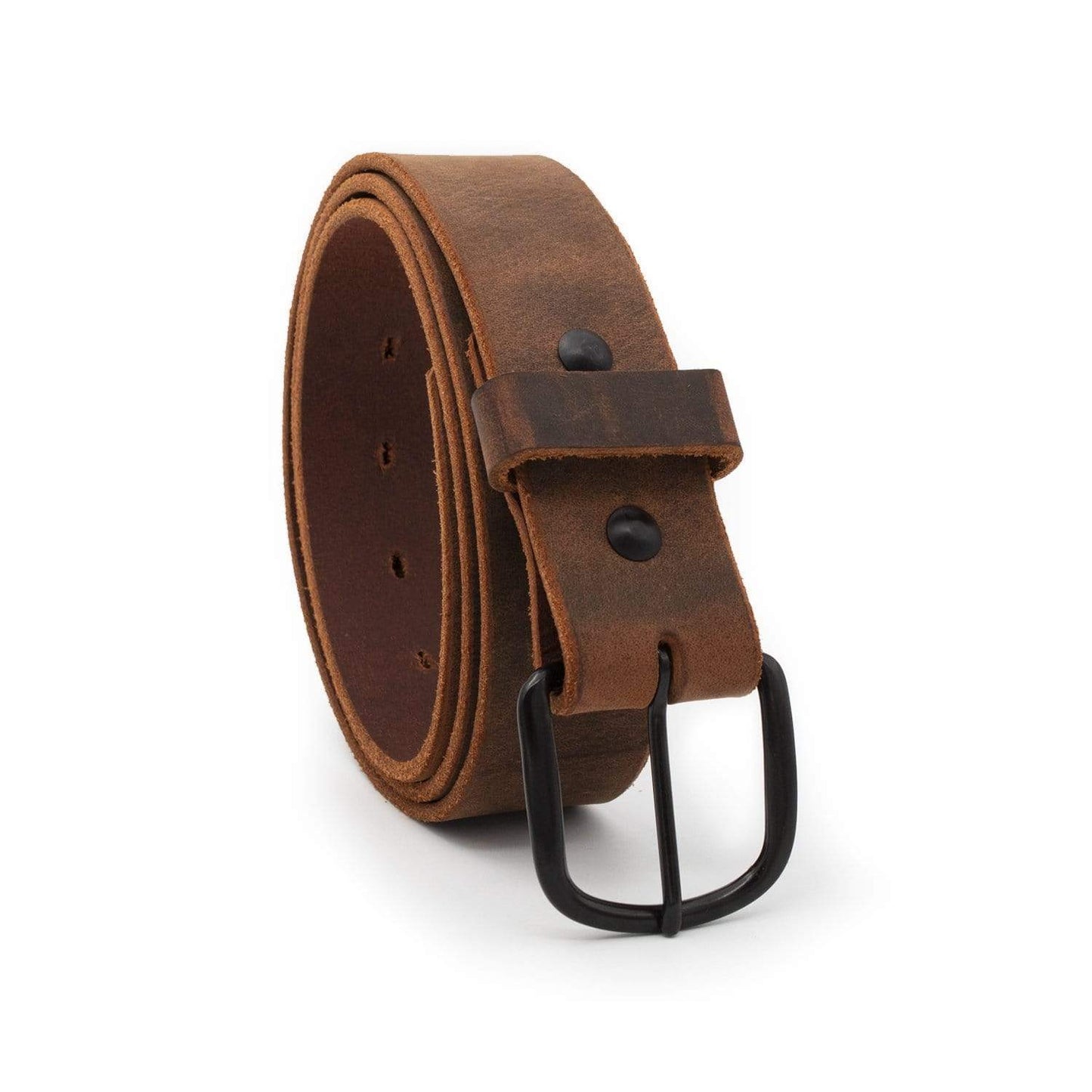 Bootlegger distressed leather belt in rustic brown full-grain leather, handmade in USA by Main Street Forge