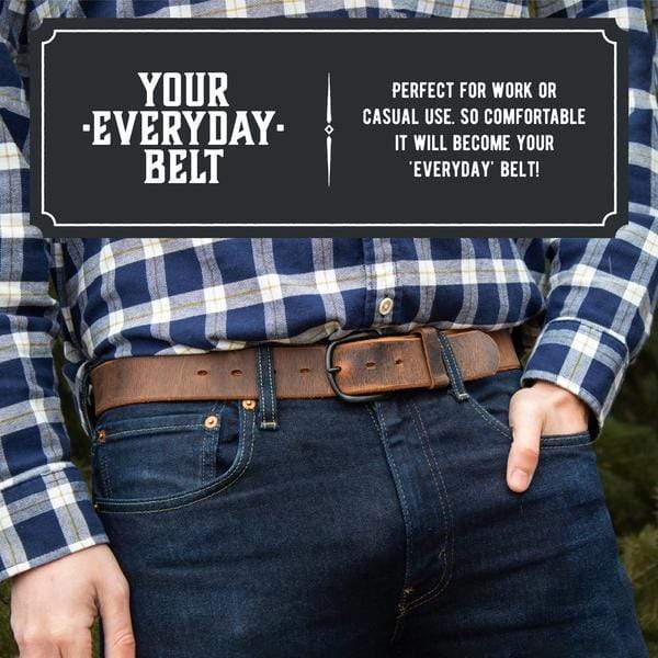 Bootlegger distressed leather belt in rustic brown full-grain leather, handmade in USA by Main Street Forge