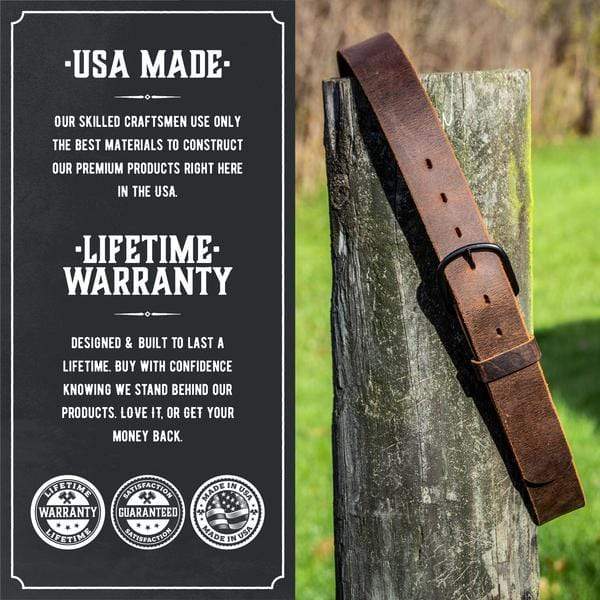 Bootlegger distressed leather belt in rustic brown full-grain leather, handmade in USA by Main Street Forge