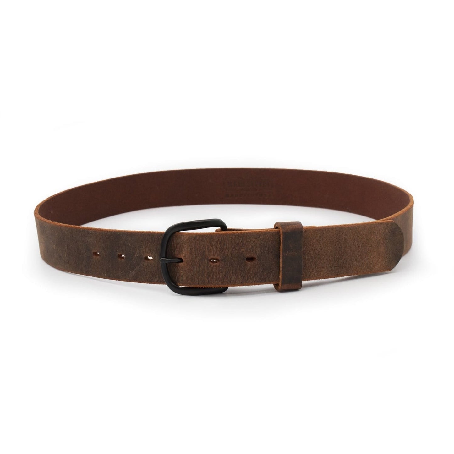 Bootlegger distressed leather belt in rustic brown full-grain leather, handmade in USA by Main Street Forge