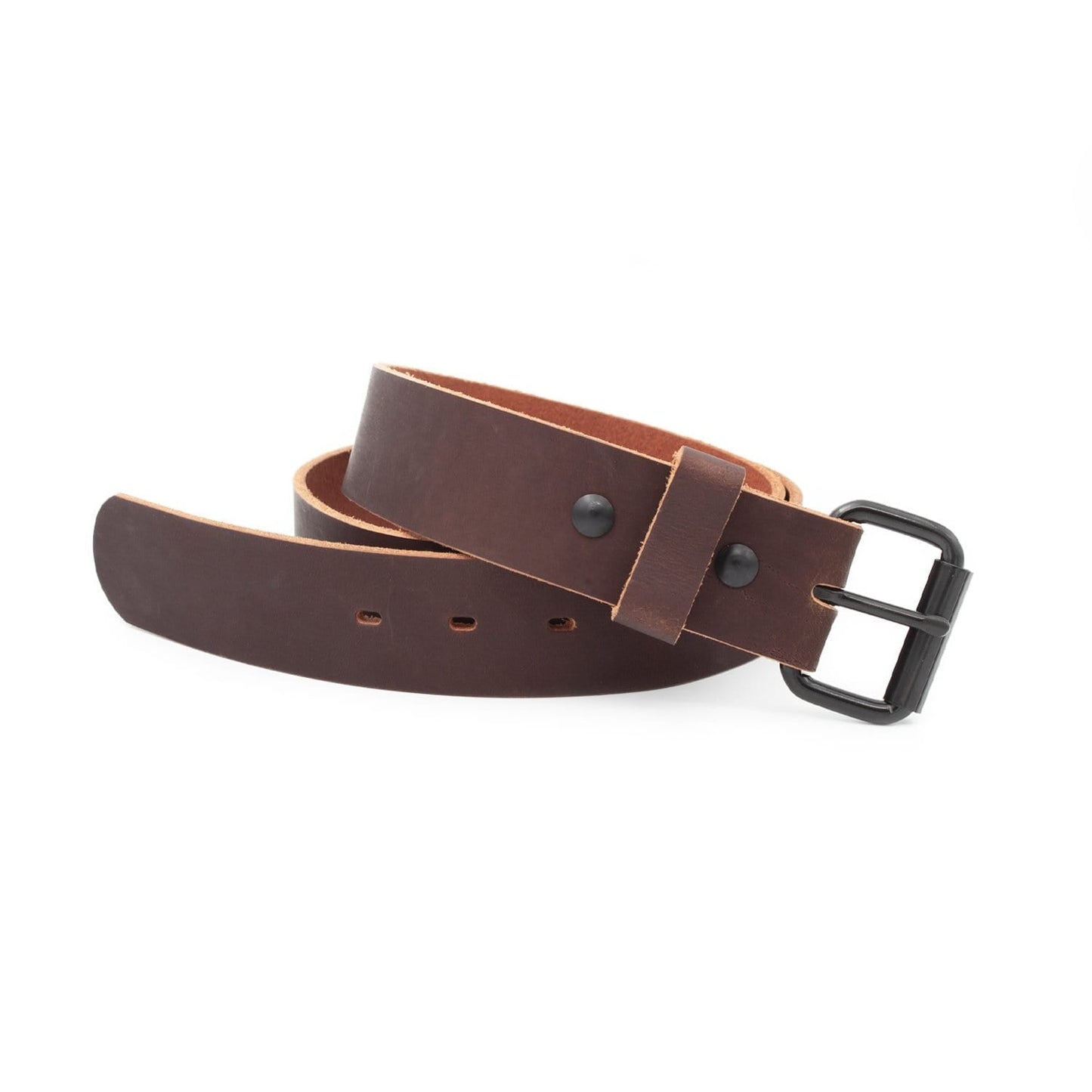 Classic brown leather roller buckle belt, 1.5-inch full-grain water buffalo leather, handmade in USA by Main Street Forge