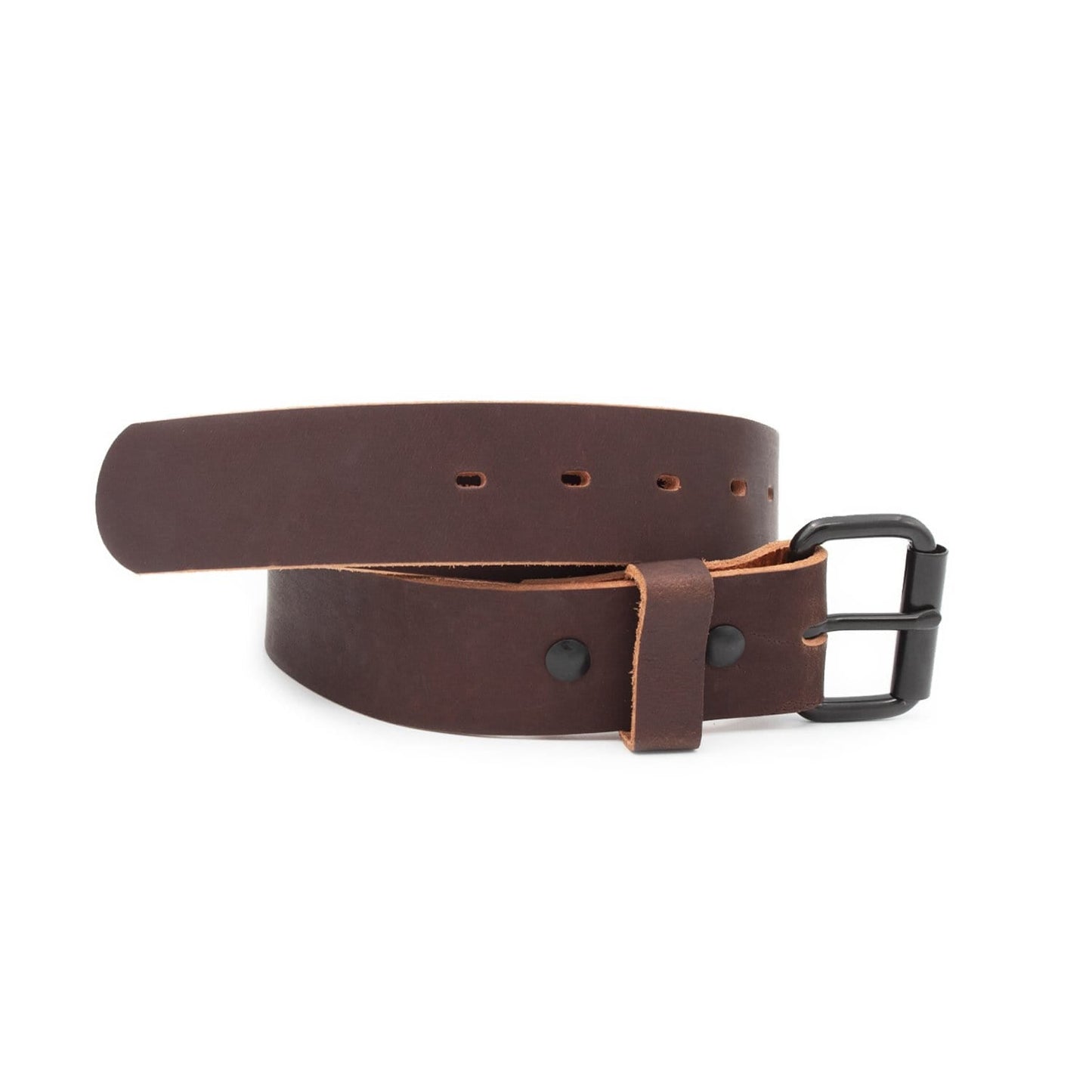 Classic brown leather roller buckle belt, 1.5-inch full-grain water buffalo leather, handmade in USA by Main Street Forge