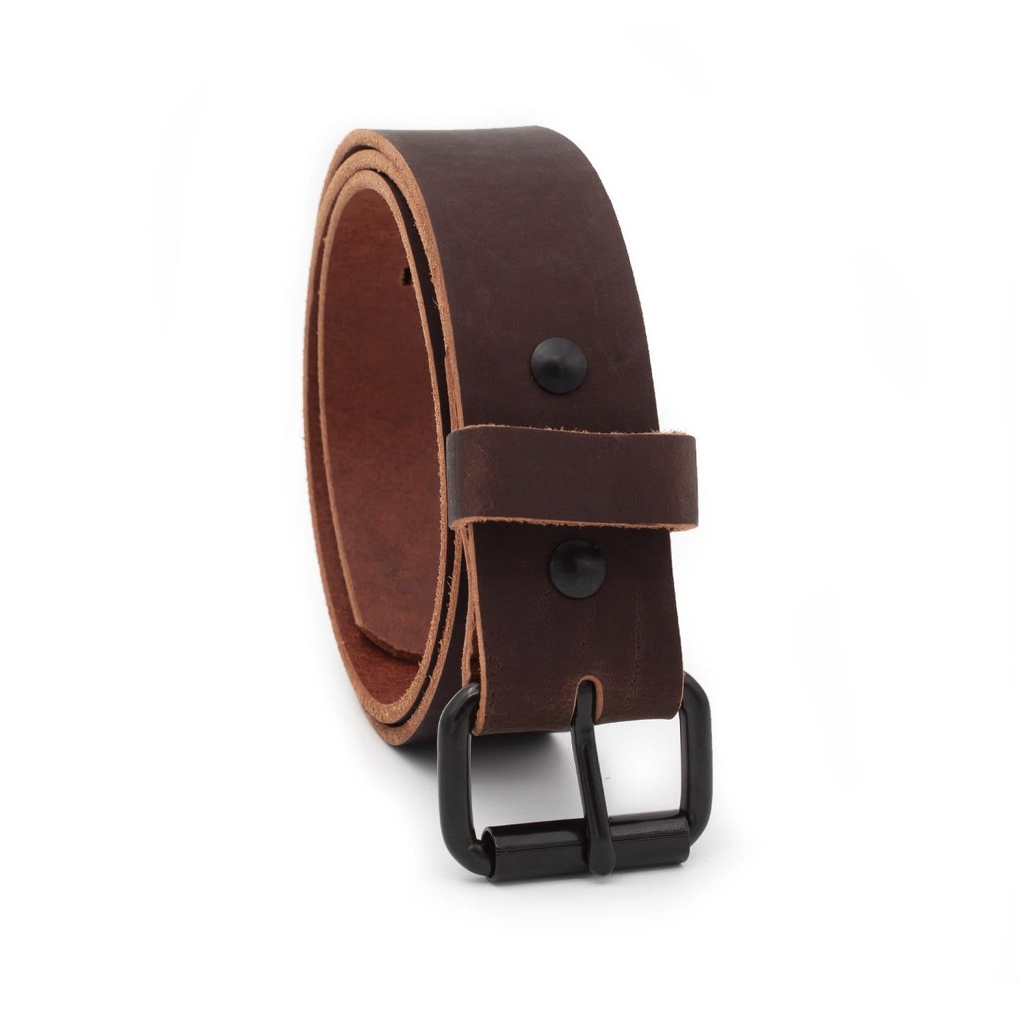 Classic brown leather roller buckle belt, 1.5-inch full-grain water buffalo leather, handmade in USA by Main Street Forge