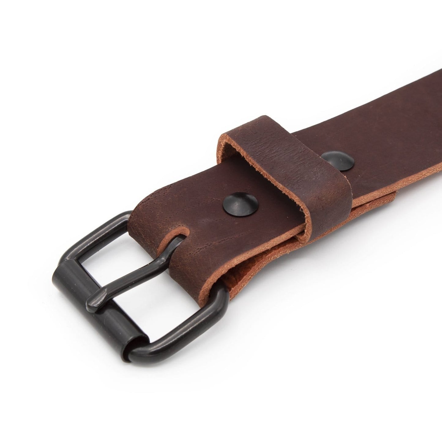 Classic brown leather roller buckle belt, 1.5-inch full-grain water buffalo leather, handmade in USA by Main Street Forge