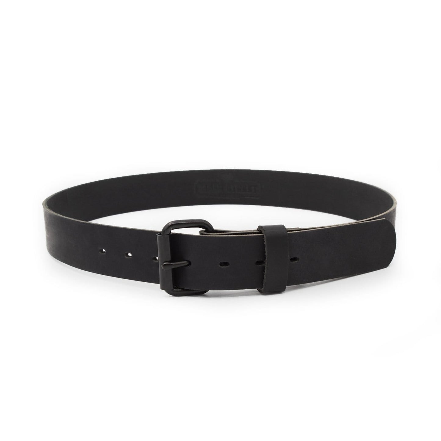 Classic black leather roller buckle belt, 1.5-inch full-grain water buffalo leather, handmade in USA by Main Street Forge
