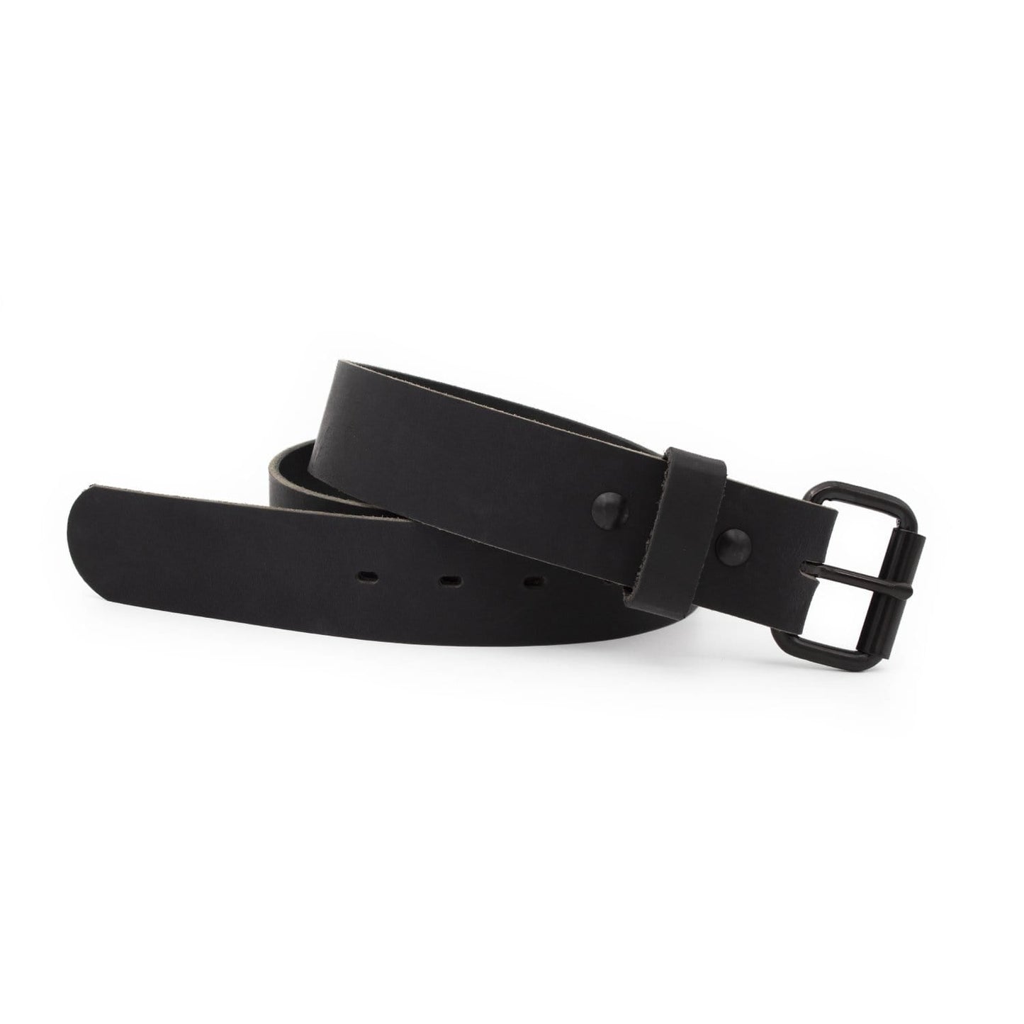 Classic black leather roller buckle belt, 1.5-inch full-grain water buffalo leather, handmade in USA by Main Street Forge