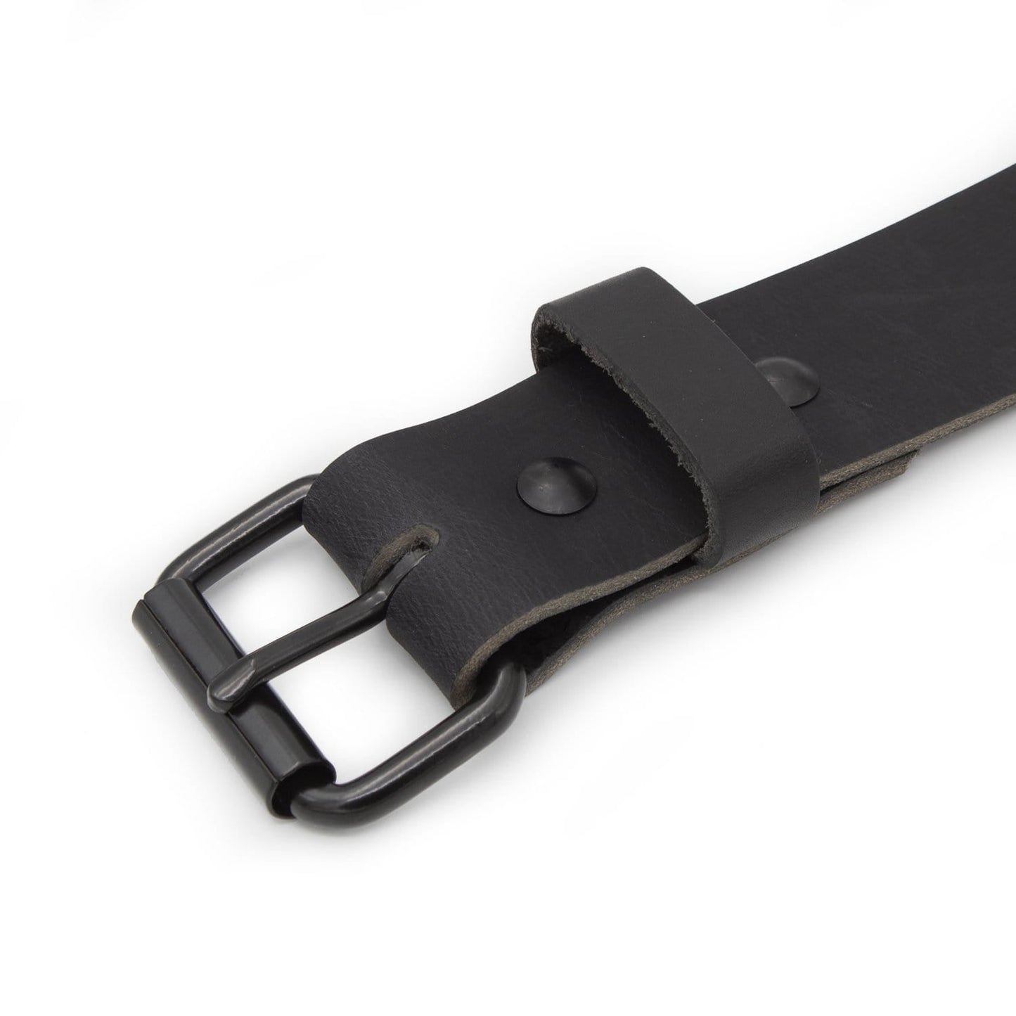 Classic black leather roller buckle belt, 1.5-inch full-grain water buffalo leather, handmade in USA by Main Street Forge