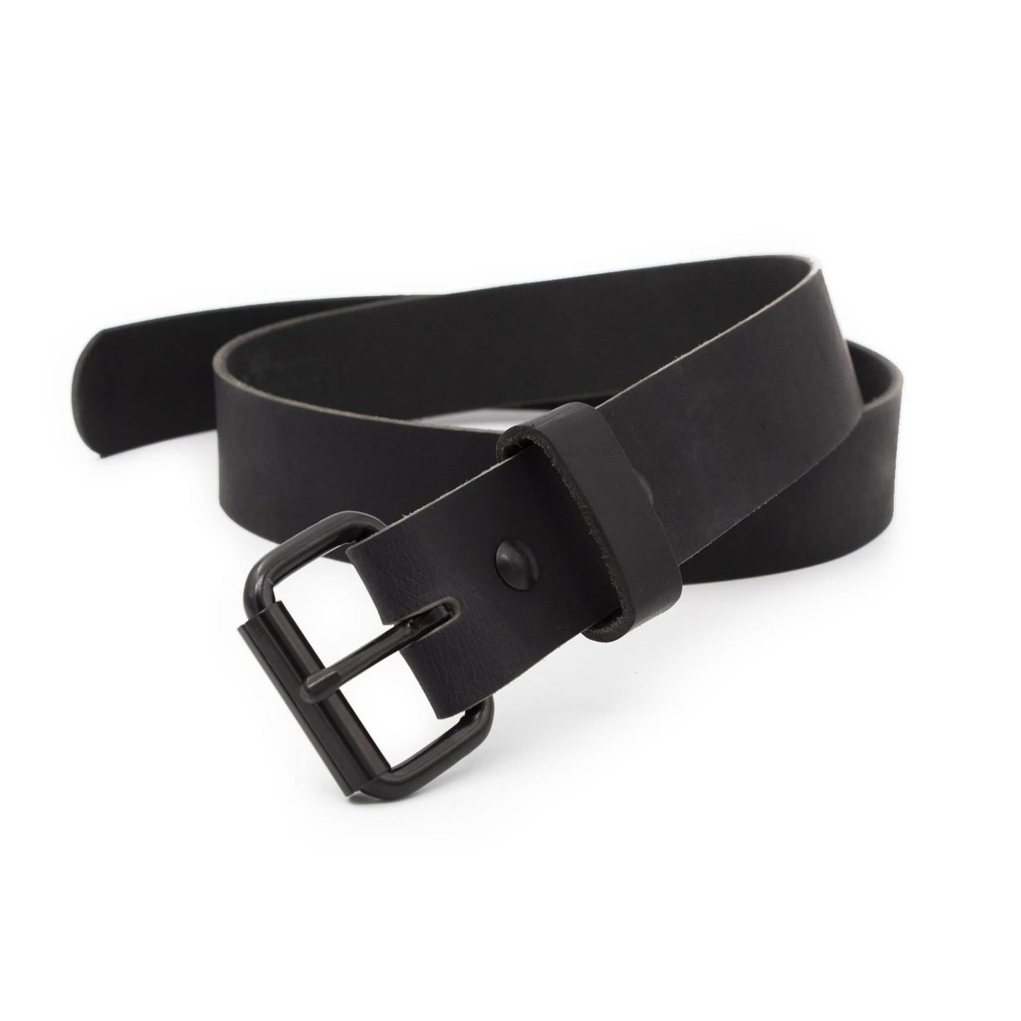 Classic black leather roller buckle belt, 1.5-inch full-grain water buffalo leather, handmade in USA by Main Street Forge
