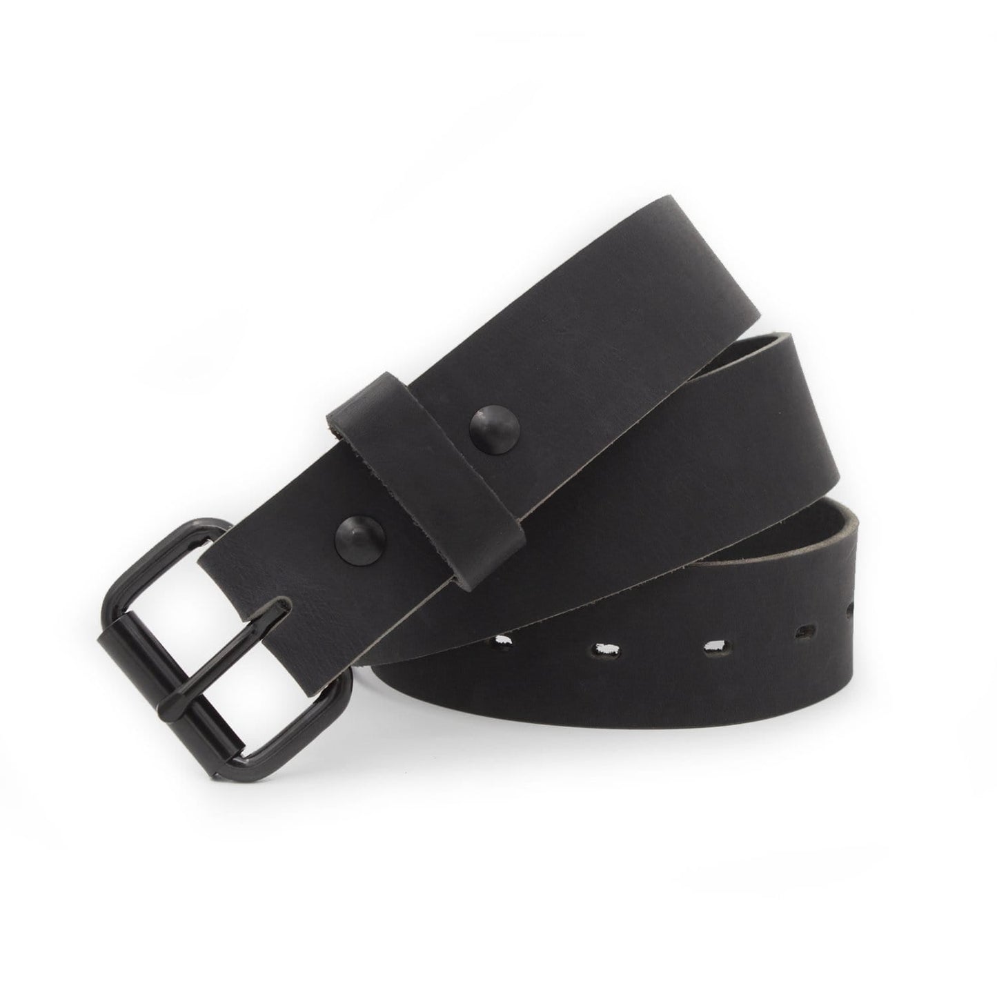 Classic black leather roller buckle belt, 1.5-inch full-grain water buffalo leather, handmade in USA by Main Street Forge