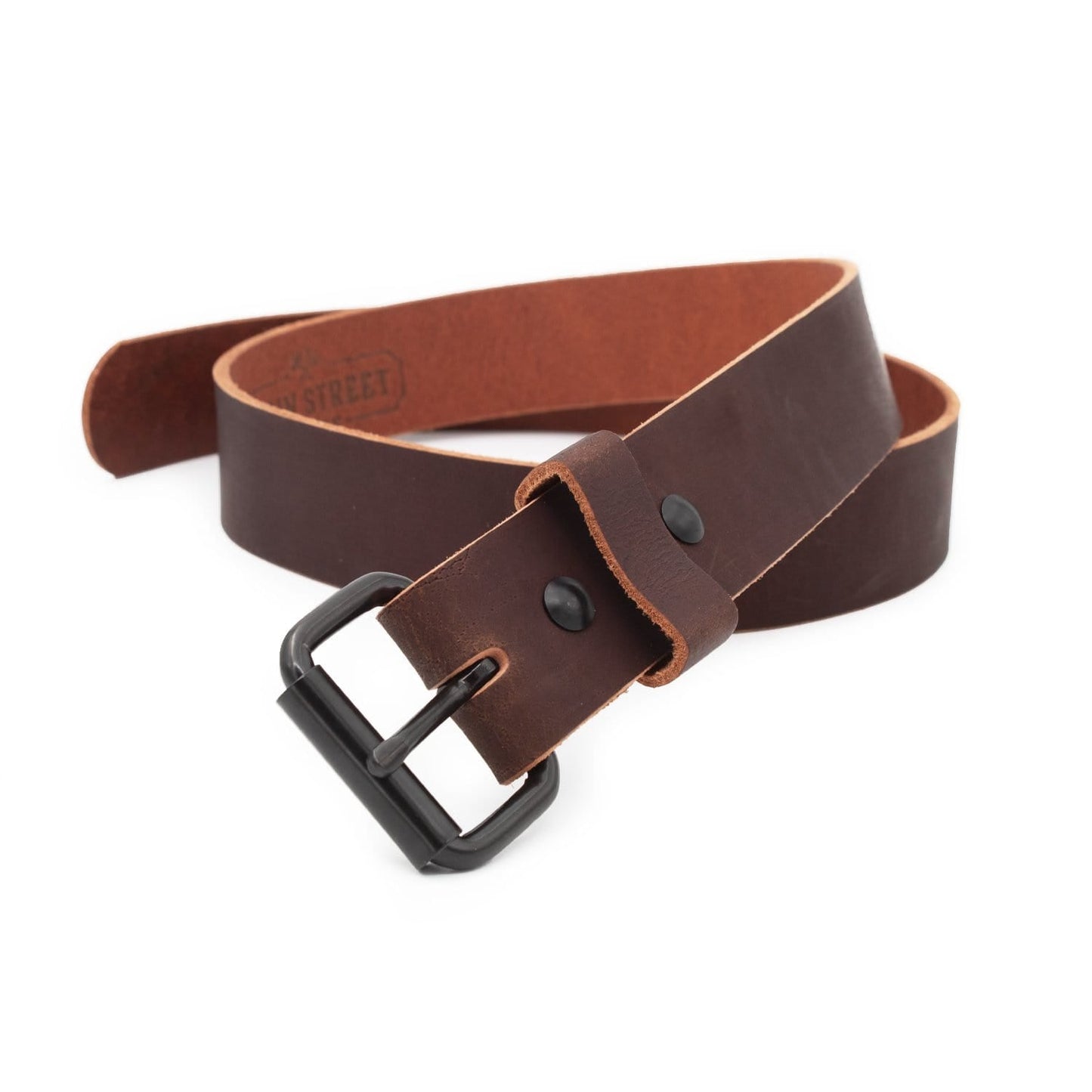 Classic brown leather roller buckle belt, 1.5-inch full-grain water buffalo leather, handmade in USA by Main Street Forge