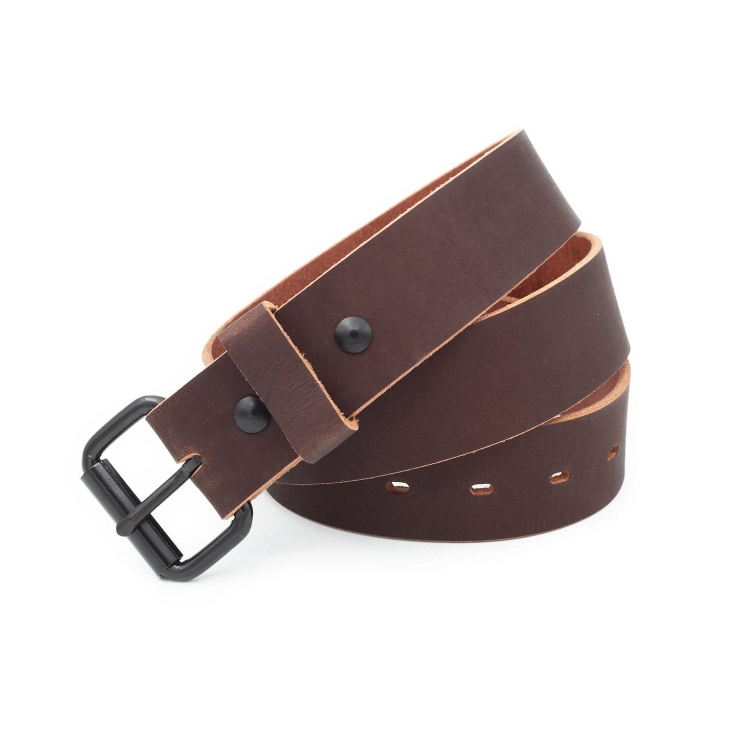Classic brown leather roller buckle belt, 1.5-inch full-grain water buffalo leather, handmade in USA by Main Street Forge