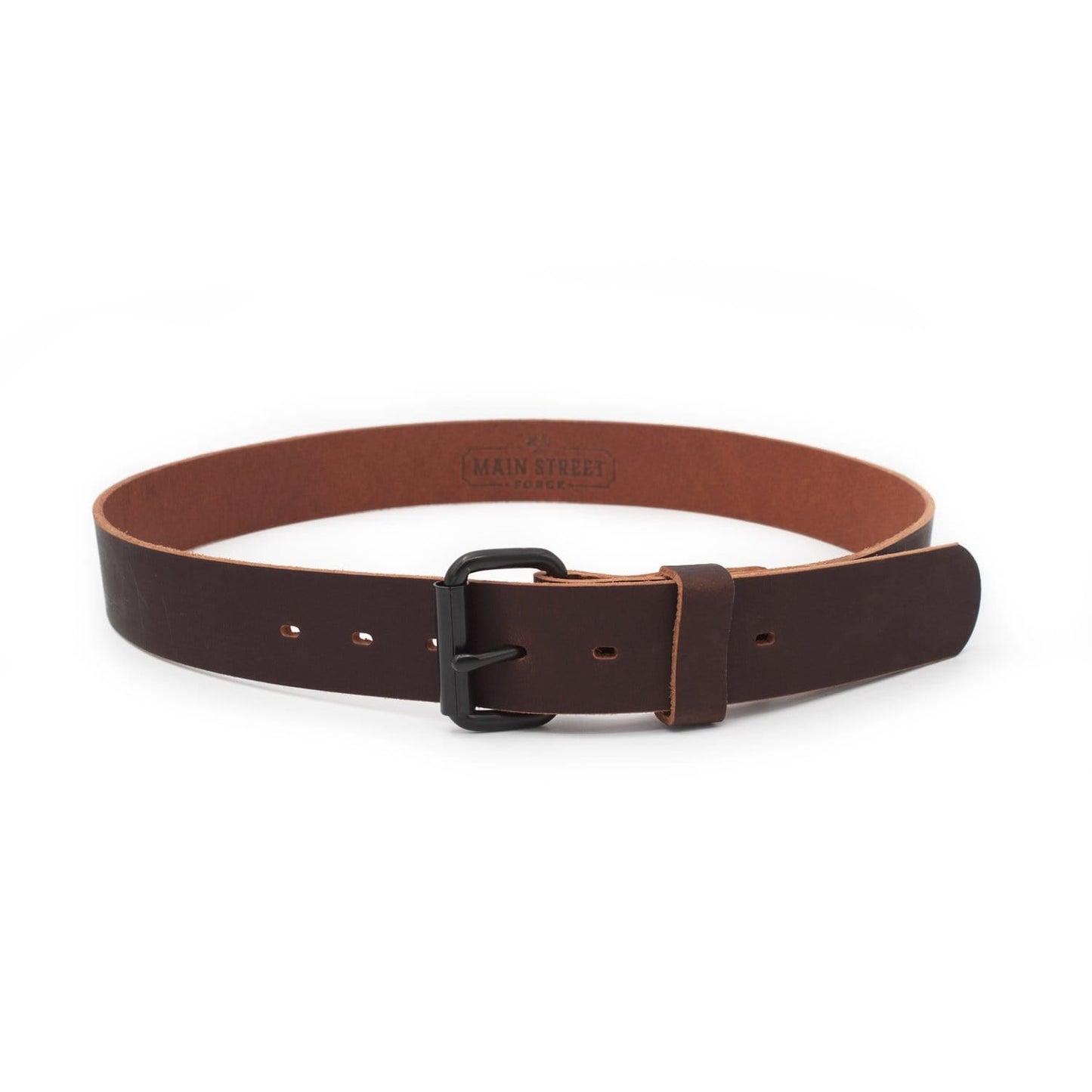 Classic brown leather roller buckle belt, 1.5-inch full-grain water buffalo leather, handmade in USA by Main Street Forge
