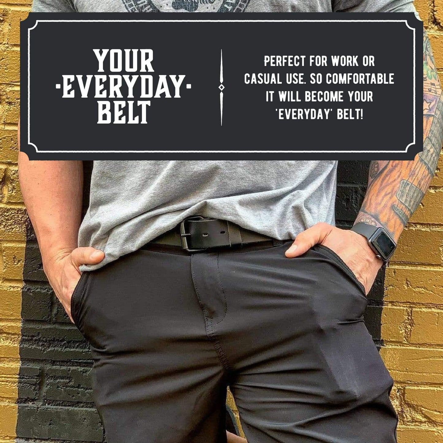 Person wearing a black belt with text about its comfort and versatility against a gold and black brick wall.