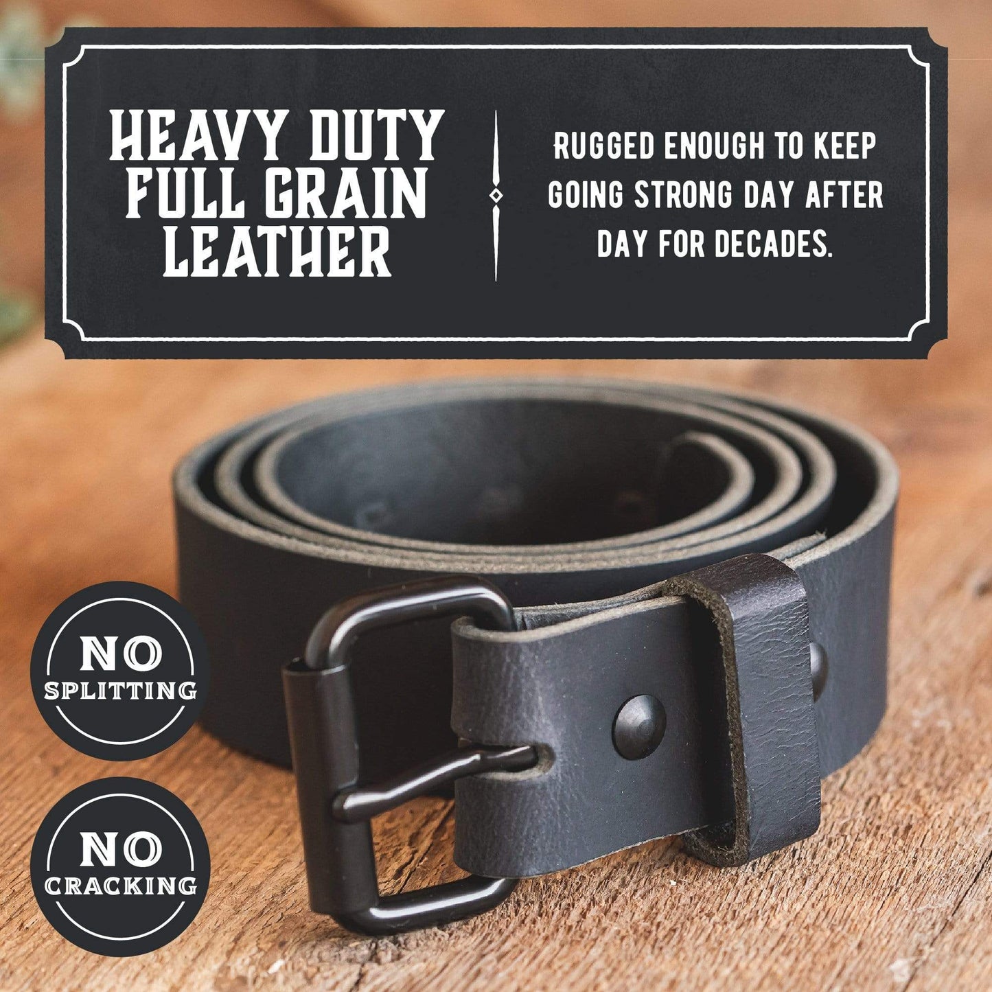 Classic black leather roller buckle belt, 1.5-inch full-grain water buffalo leather, handmade in USA by Main Street Forge