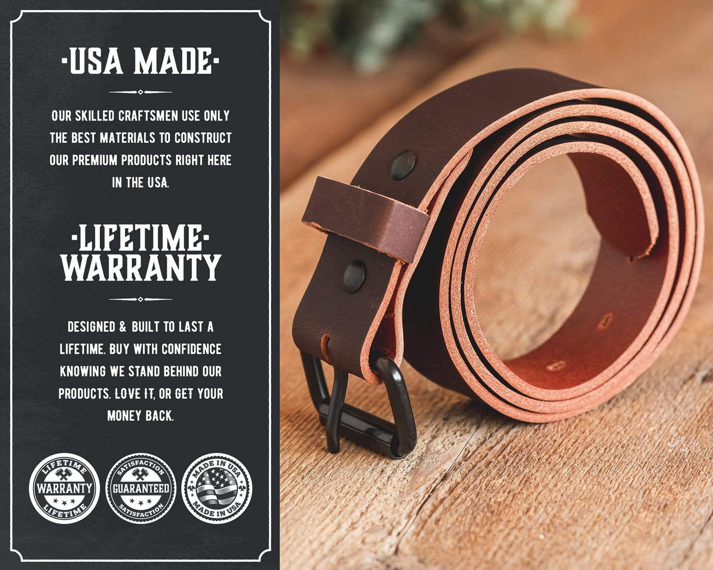 Classic brown leather roller buckle belt, 1.5-inch full-grain water buffalo leather, handmade in USA by Main Street Forge