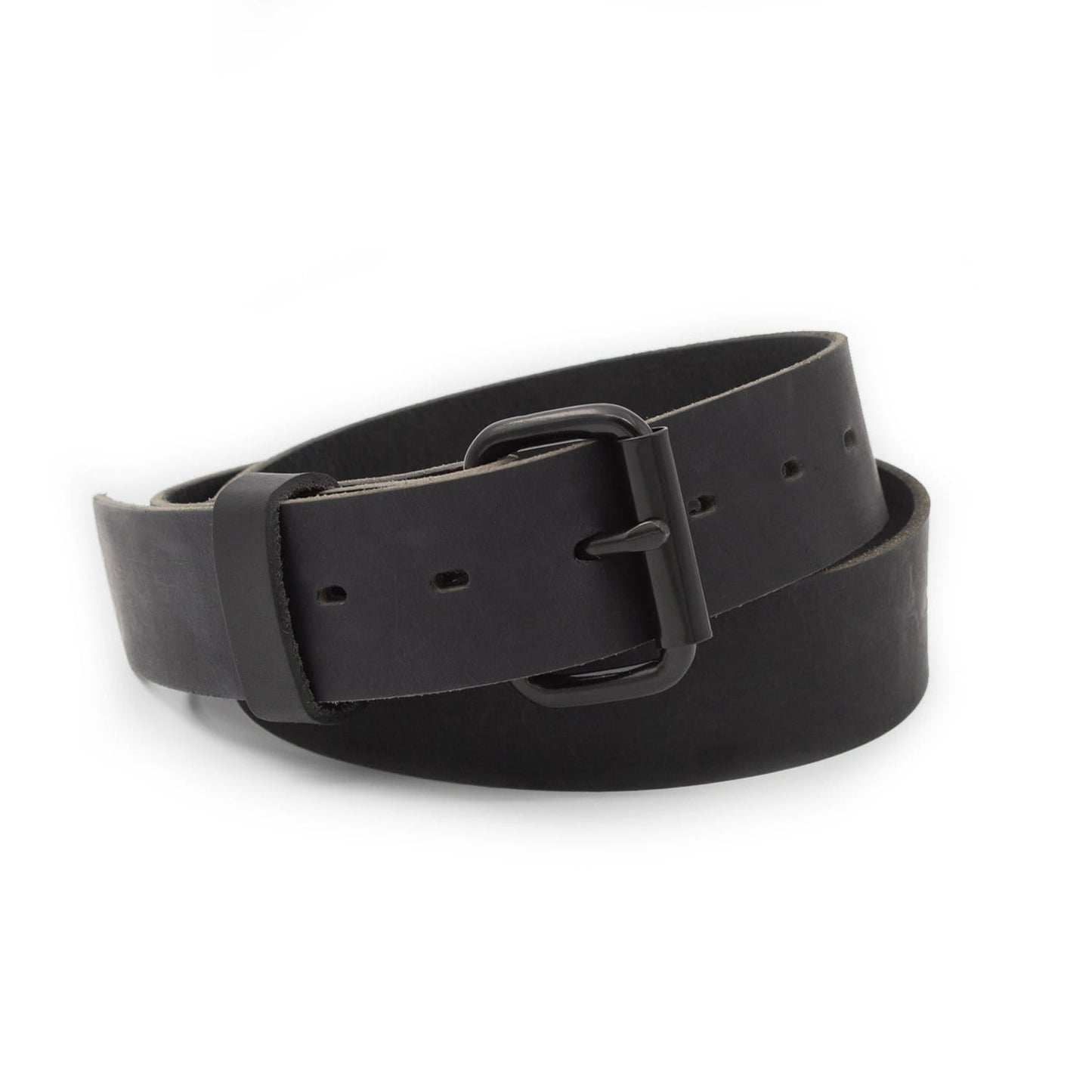 Classic black leather roller buckle belt, 1.5-inch full-grain water buffalo leather, handmade in USA by Main Street Forge