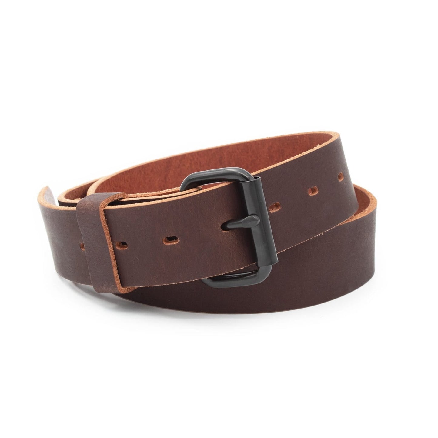Classic brown leather roller buckle belt, 1.5-inch full-grain water buffalo leather, handmade in USA by Main Street Forge