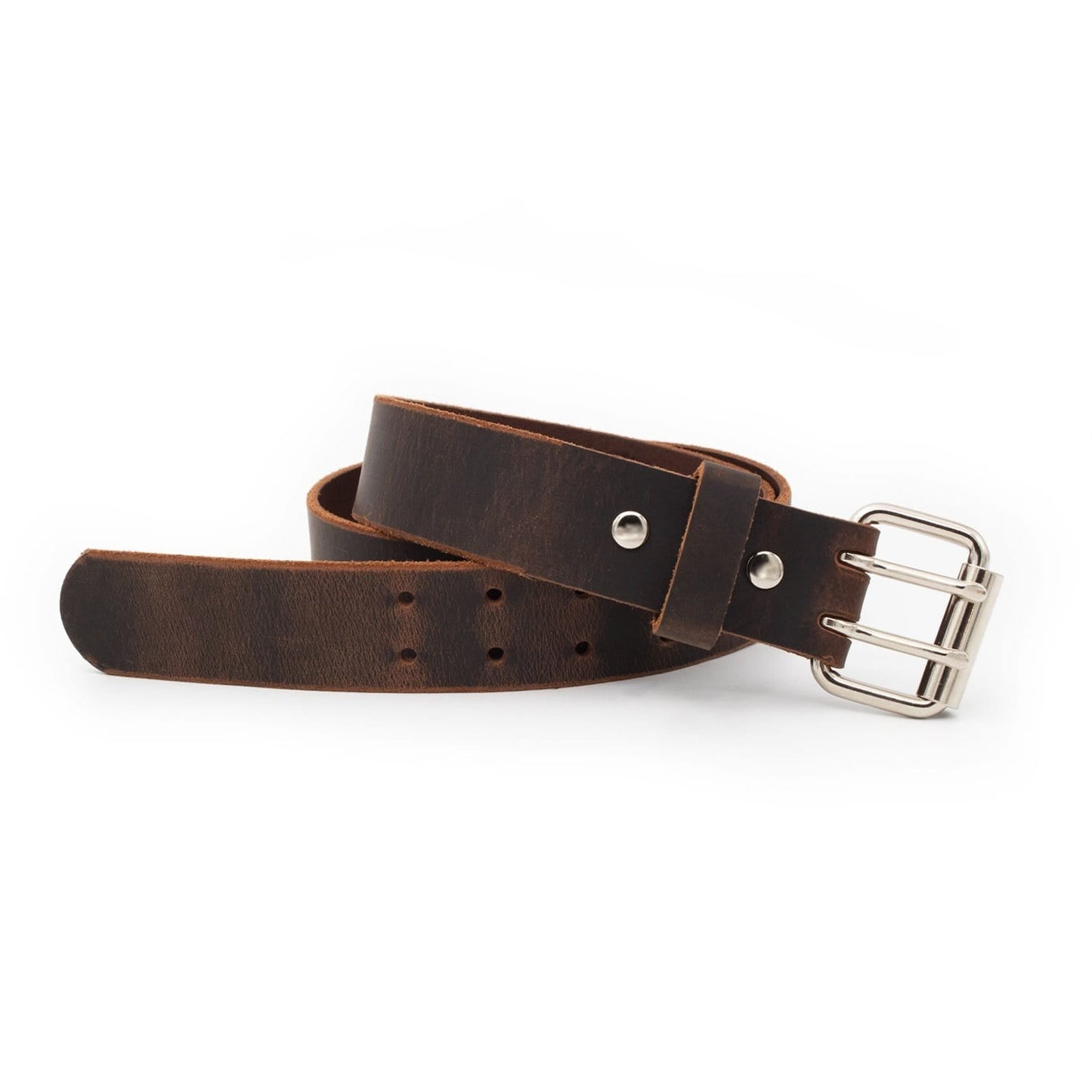 Double Down rustic leather belt with two-prong buckle, full-grain handmade in USA by Main Street Forge